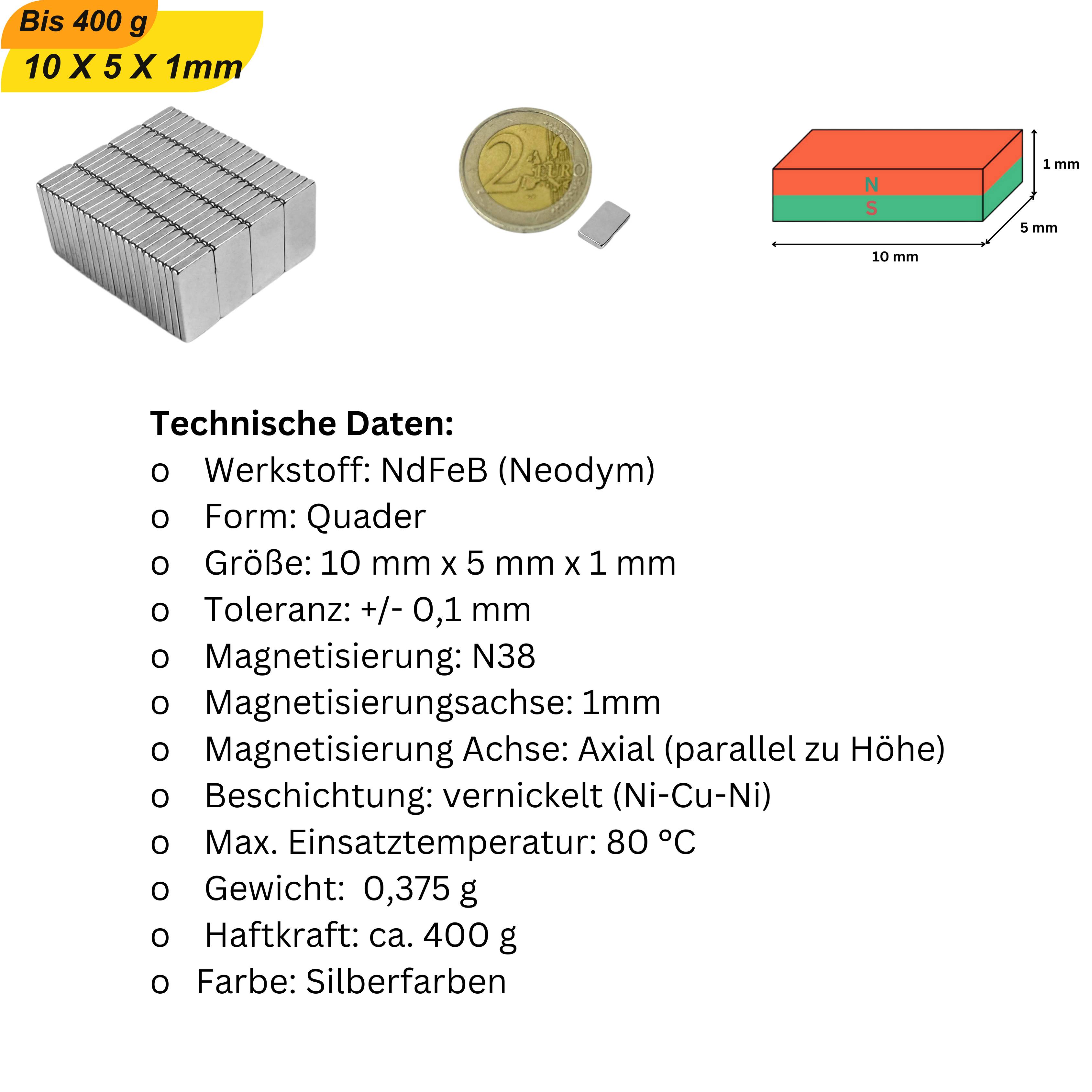 200 Stück Neodym Magnet 10mm x 5mm x 1mm Supermagnete hohe Haftkraft Quadermagnete-5