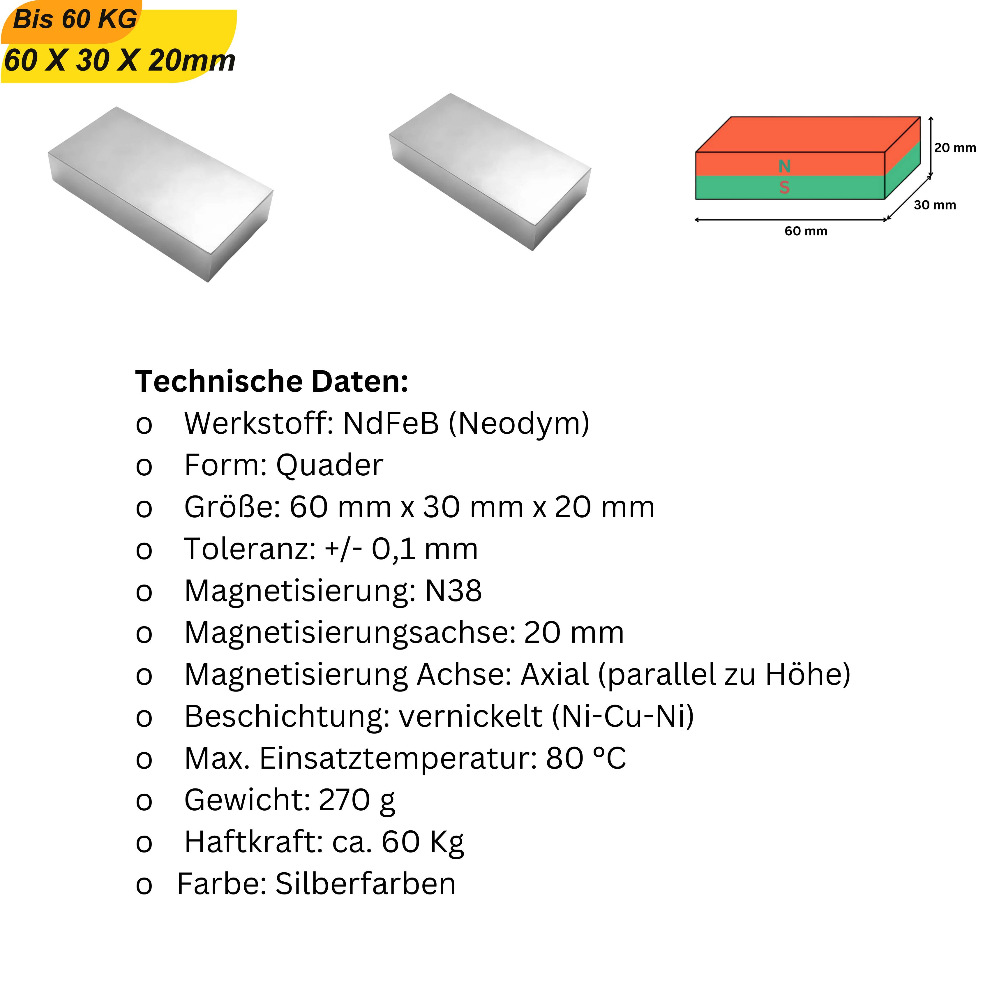 1 Stück Neodym Magnet 60mm x 30mm x 20mm Supermagnete hohe Haftkraft Quadermagnete-3