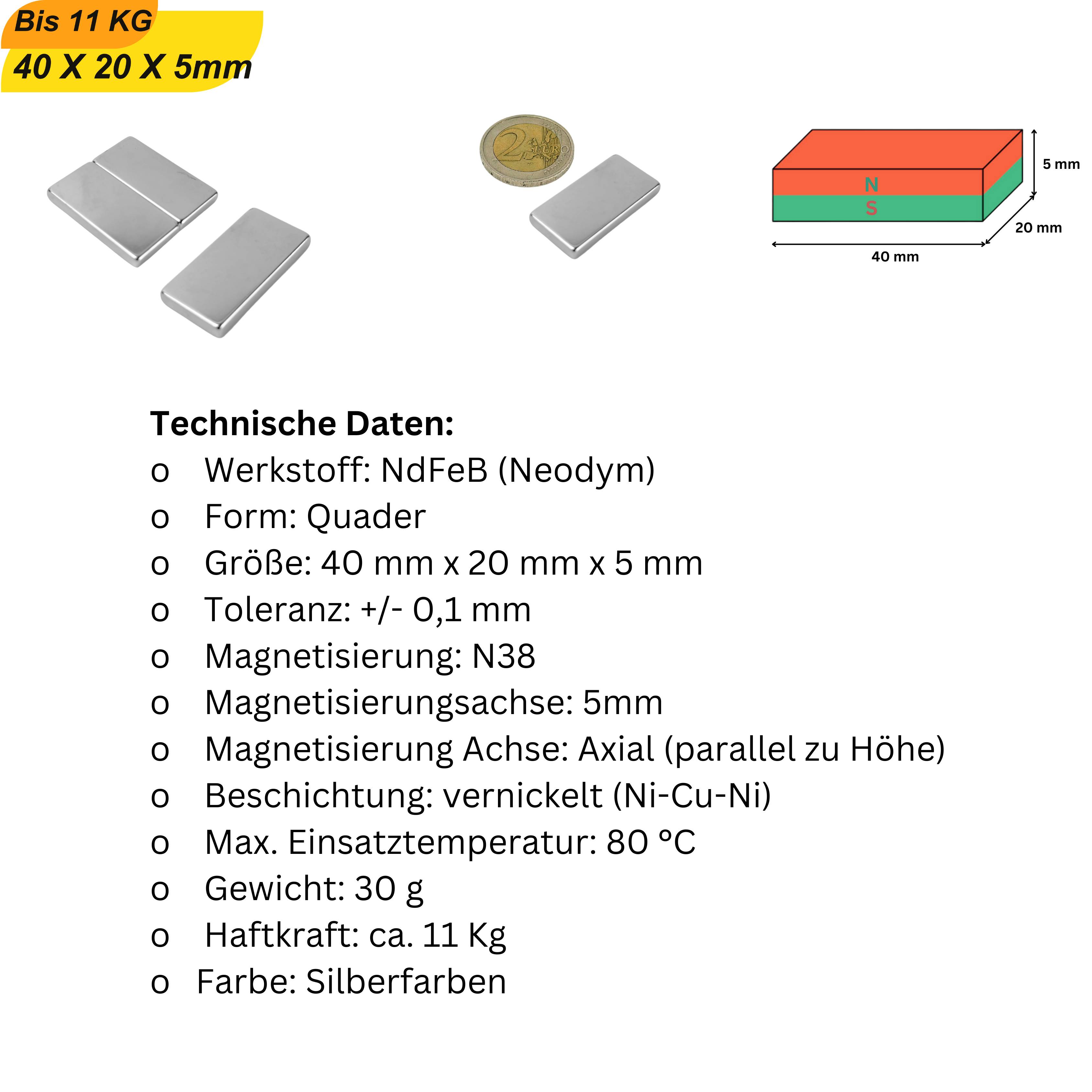 50 Stück Neodym Magnet 40mm x 20mm x 5mm Supermagnete hohe Haftkraft Quadermagnete-5