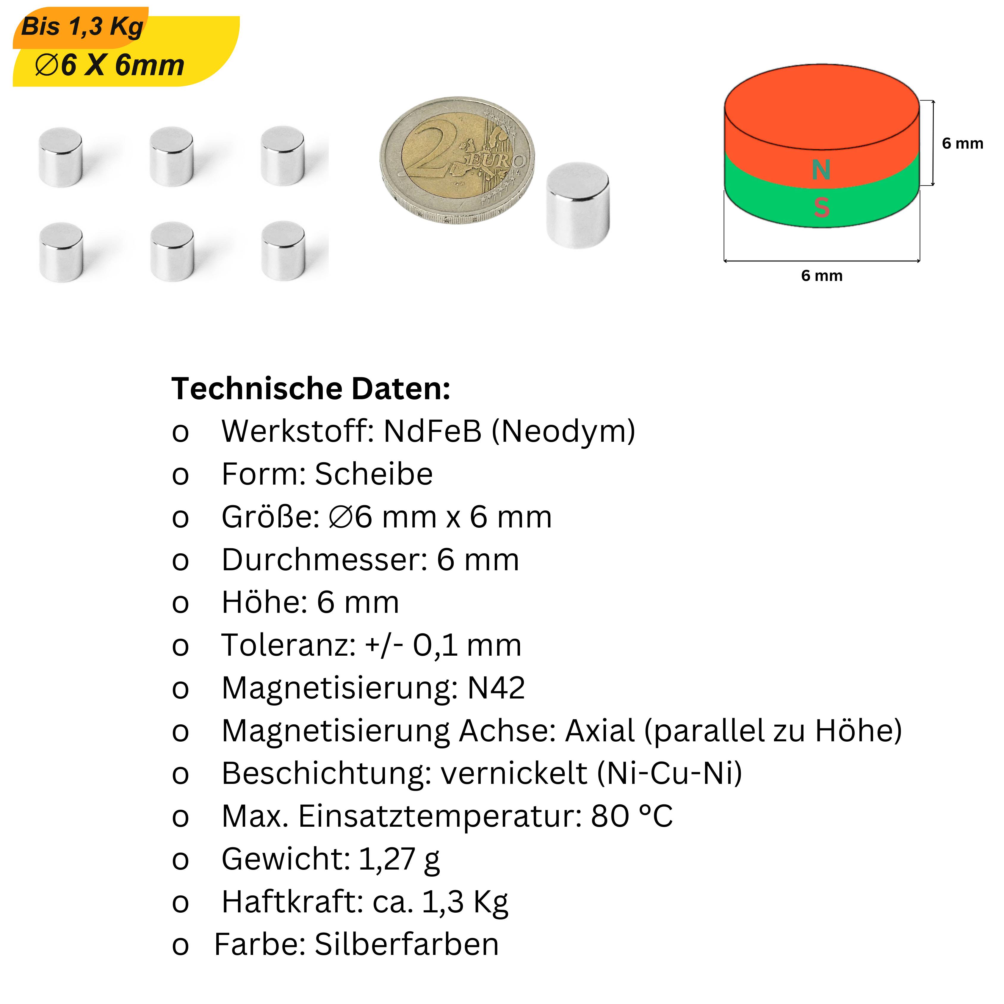 50 Stück Neodym Magnet 6mm x 6mm Supermagnete hohe Haftkraft Scheibenmagnet-5