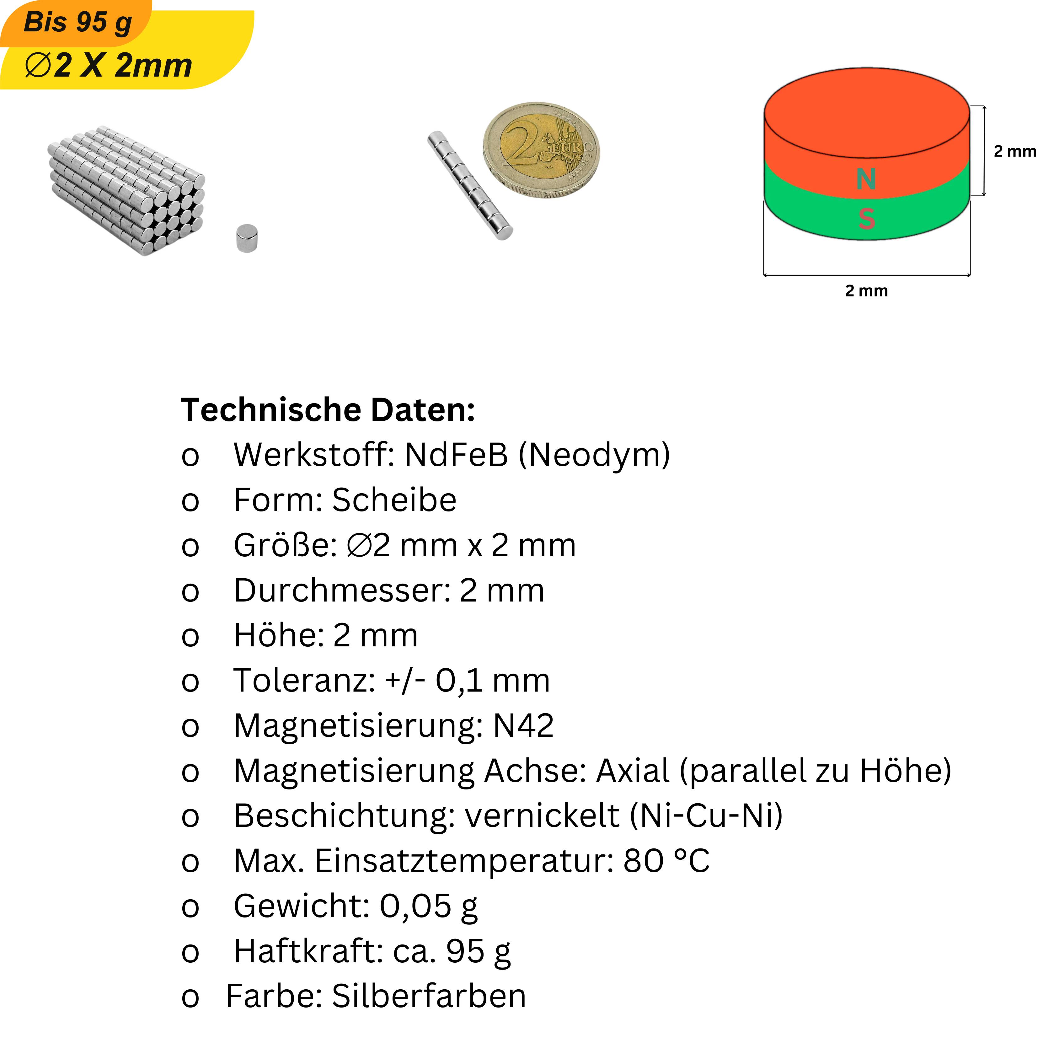 100 Stück Neodym Magnet 2mm x 2mm Supermagnete hohe Haftkraft Scheibenmagnet-5