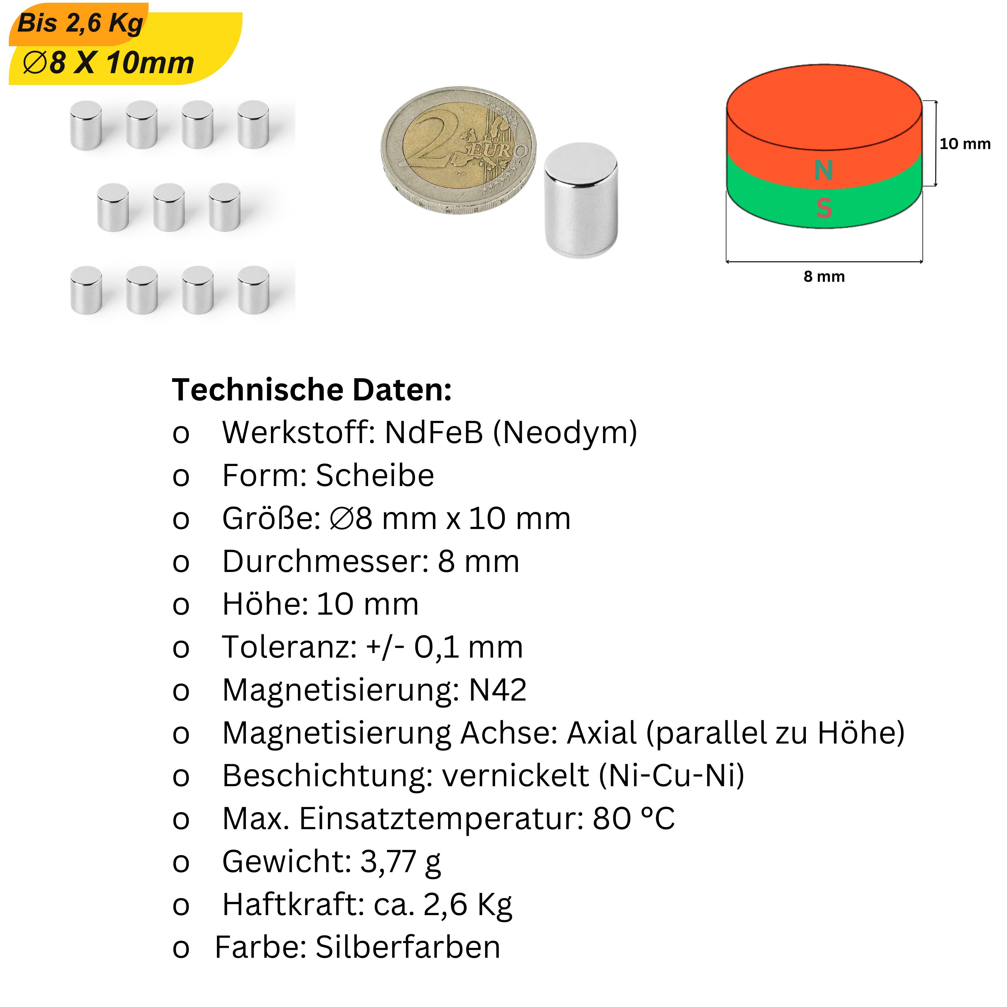 20 Stück Neodym Magnet 8mm x 10mm Supermagnete hohe Haftkraft Scheibenmagnet-5