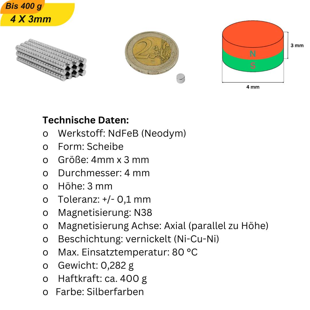 10 Stück Neodym Magnet 4mm x 3mm Supermagnete hohe Haftkraft Scheibenmagnet-5