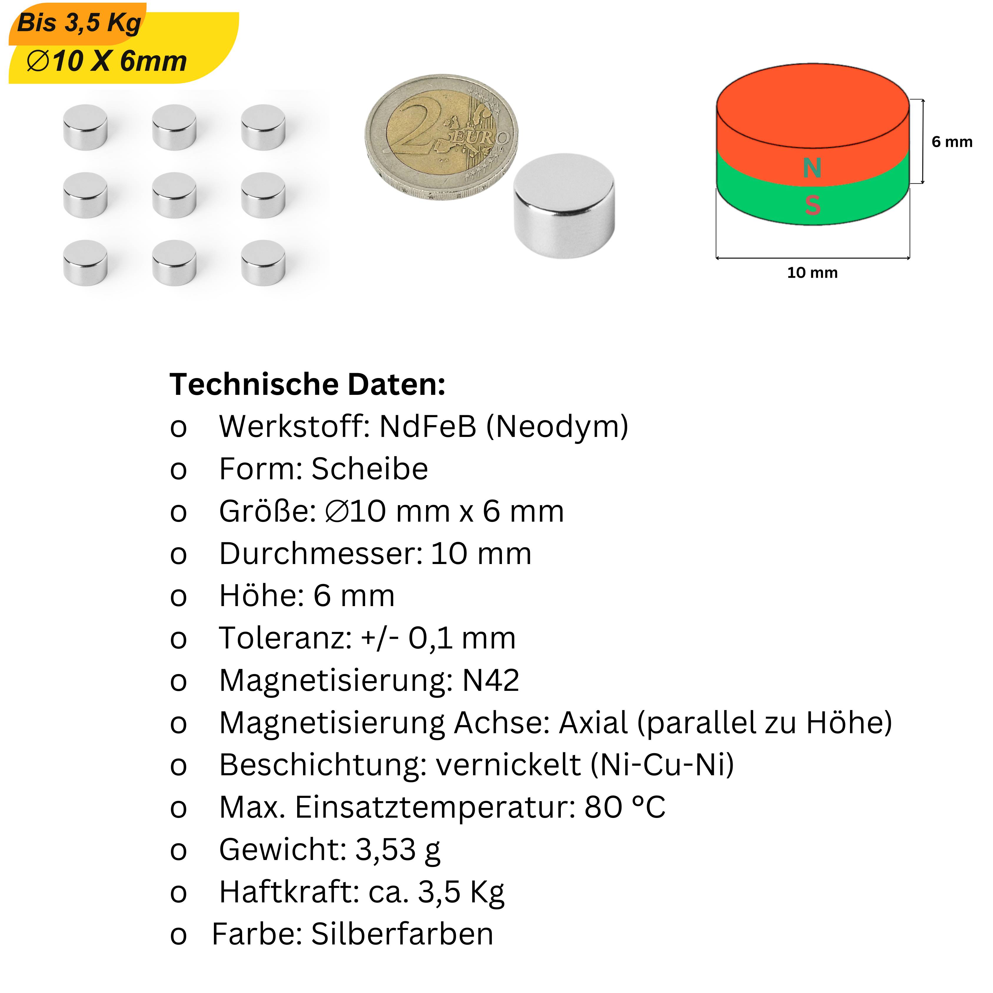50 Stück Neodym Magnet 10mm x 6mm Supermagnete hohe Haftkraft Scheibenmagnet-5
