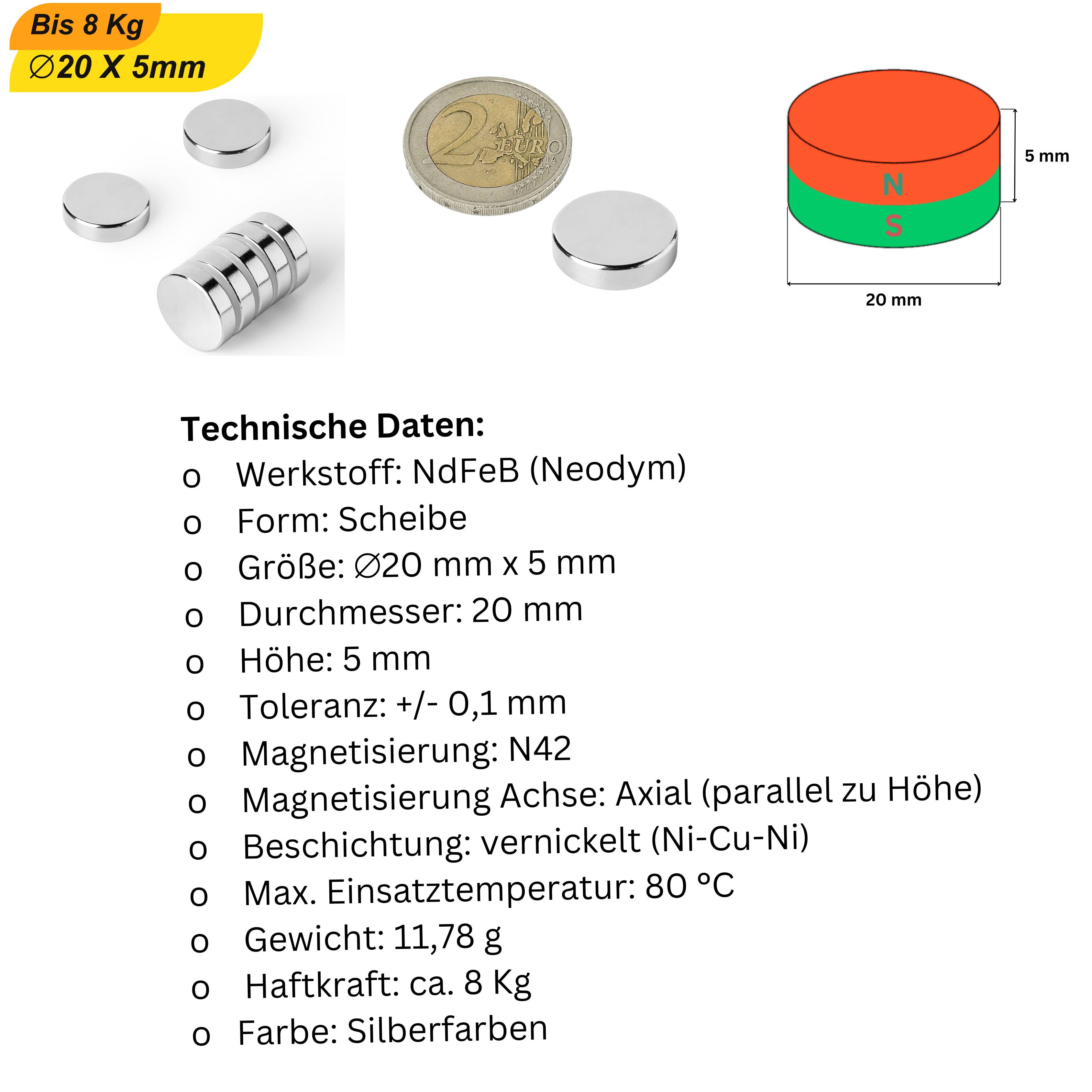 10 Stück Neodym Magnet 20mm x 5mm Supermagnete hohe Haftkraft Scheibenmagnet-5