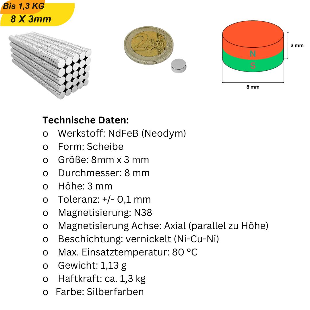 100 Stück Neodym Magnet 8mm x 3mm Supermagnete hohe Haftkraft Scheibenmagnet-5