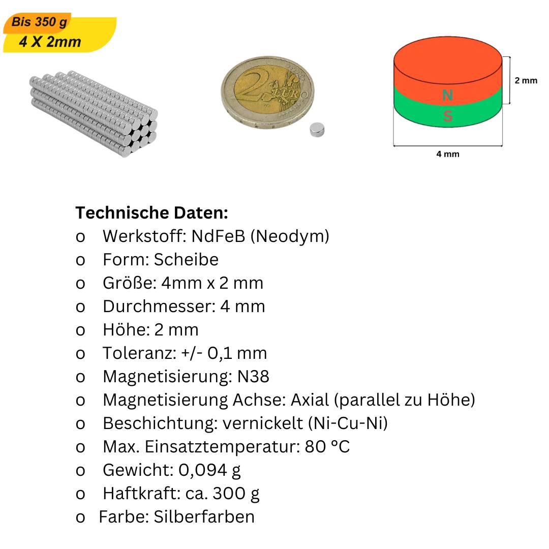10 Stück Neodym Magnet 4mm x 2mm Supermagnete hohe Haftkraft Scheibenmagnet-5