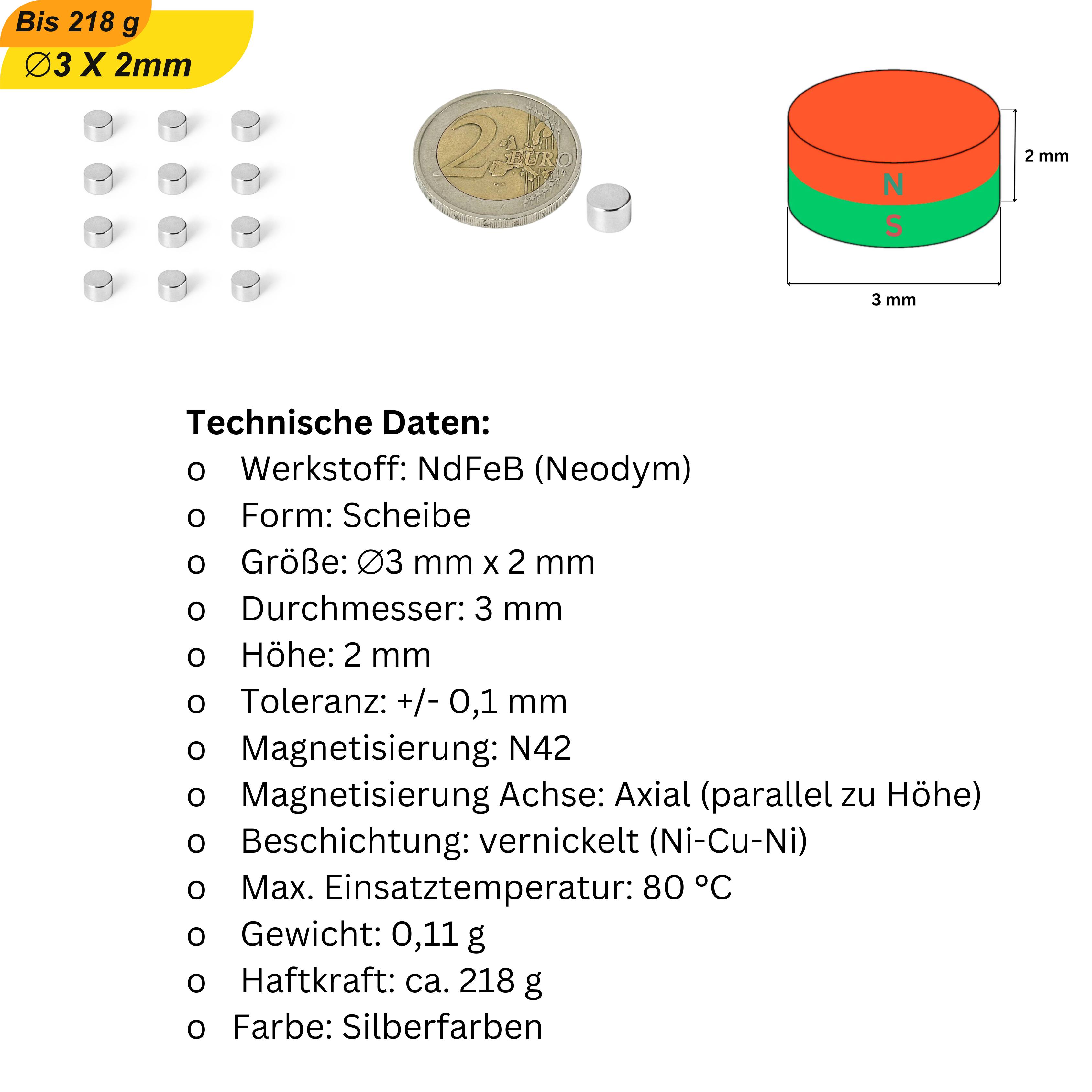 100 Stück Neodym Magnet 3mm x 2mm Supermagnete hohe Haftkraft Scheibenmagnet-5