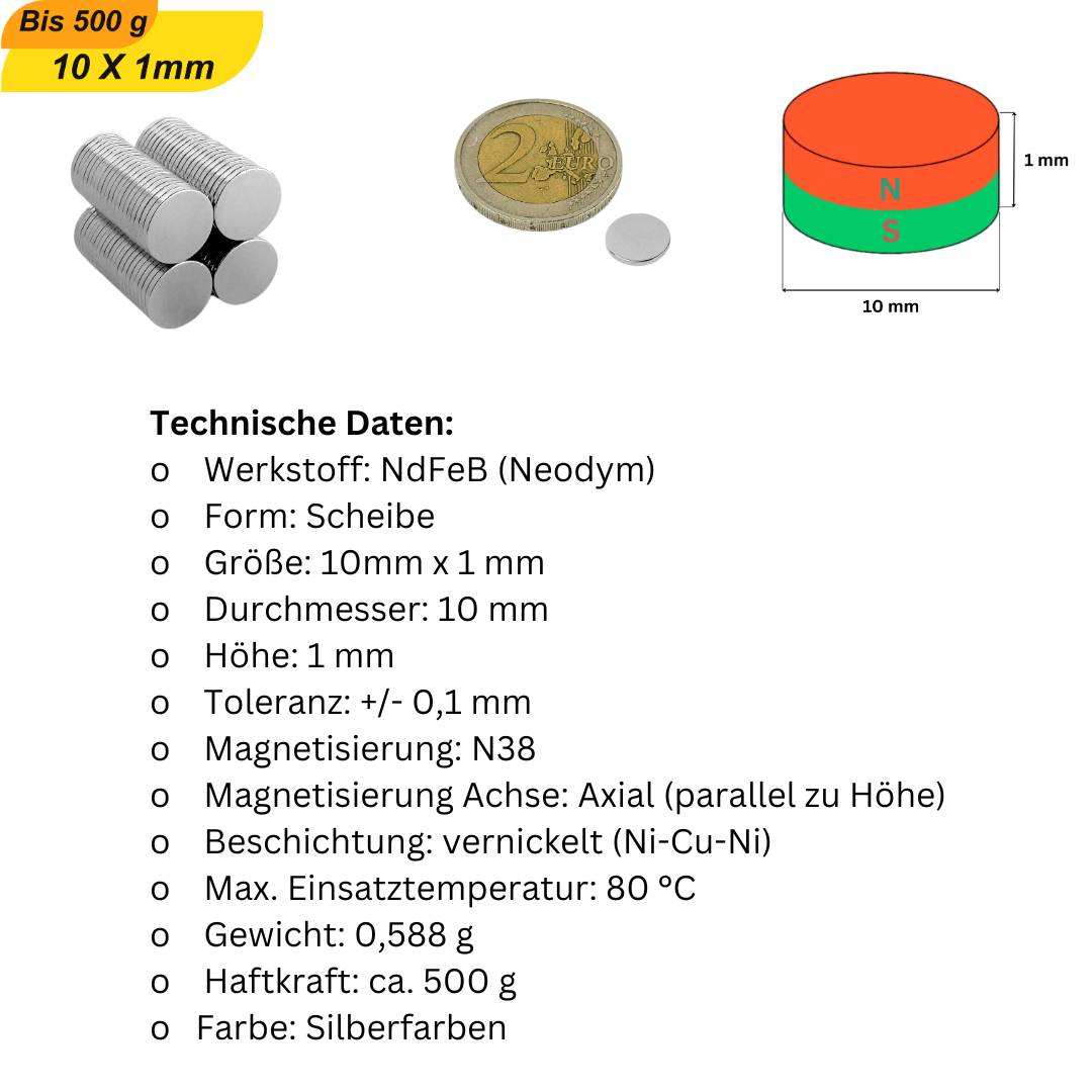 1 Stück Neodym Magnet 10mm x 1mm Supermagnete hohe Haftkraft Scheibenmagnet-5