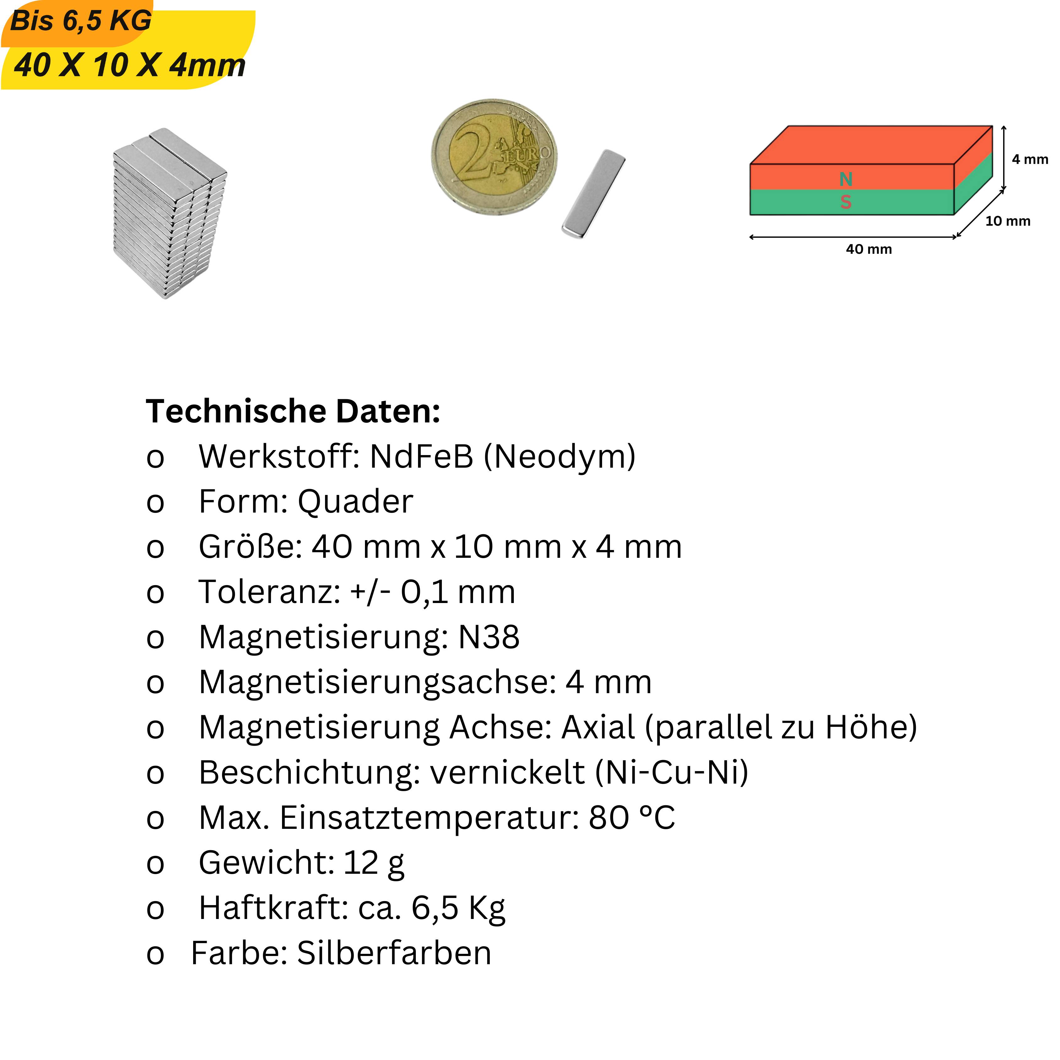 5 Stück Neodym Magnet 40mm x 10mm x 4mm Supermagnete hohe Haftkraft Quadermagnete-5
