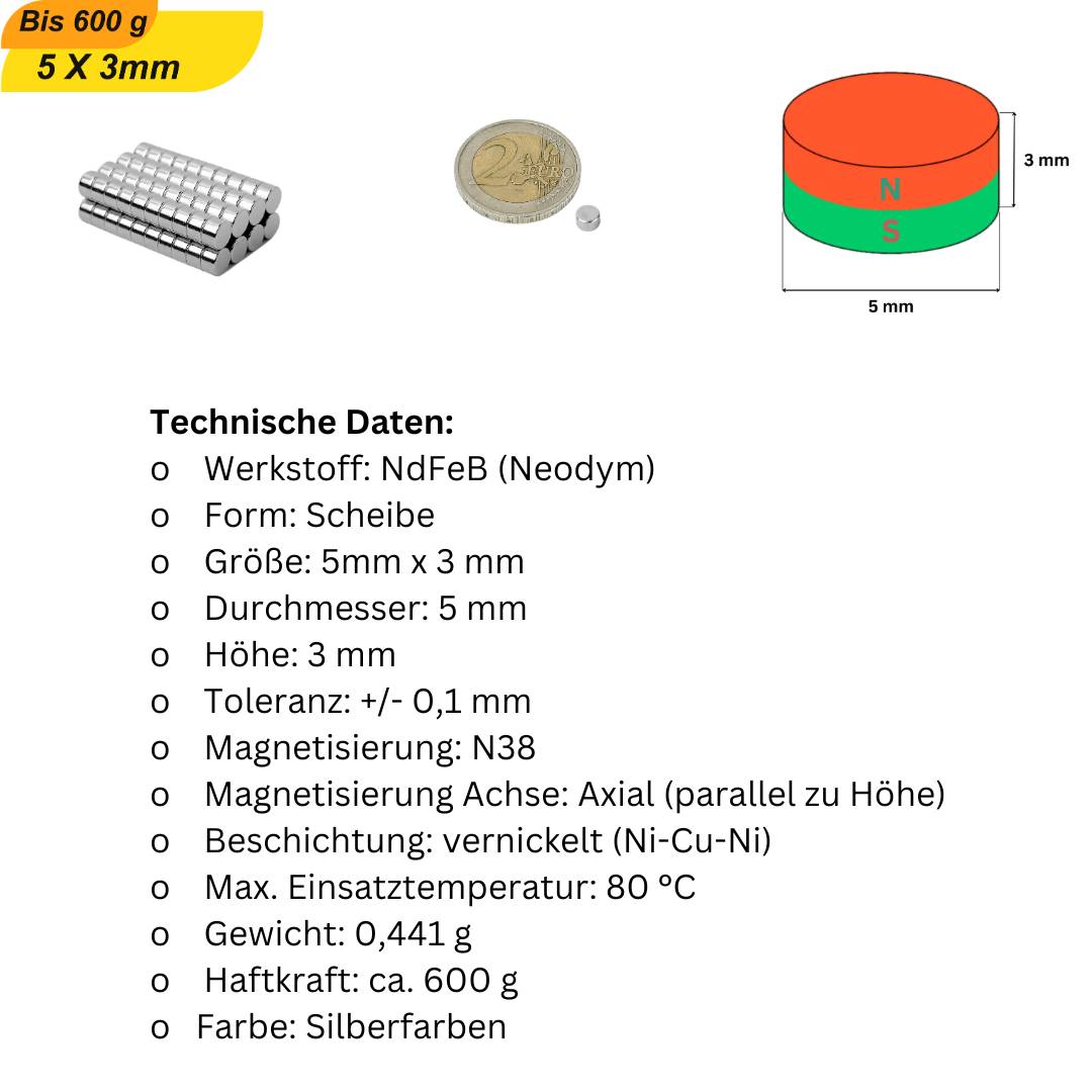 1000 Stück Neodym Magnet 5mm x 3mm Supermagnete hohe Haftkraft Scheibenmagnet-5