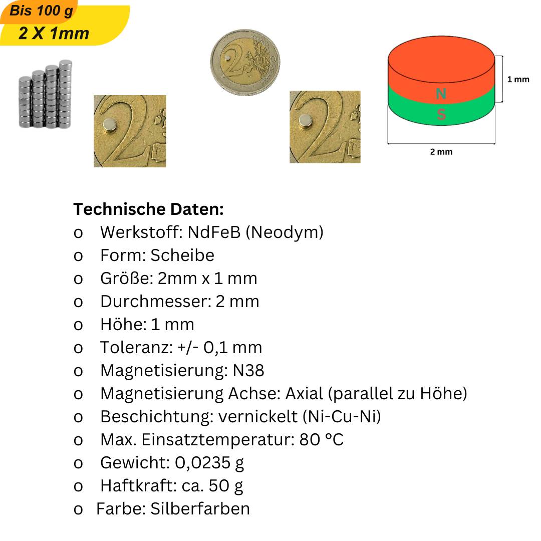 100 Stück Neodym Magnet 2mm x 1mm Supermagnete hohe Haftkraft Scheibenmagnet-5