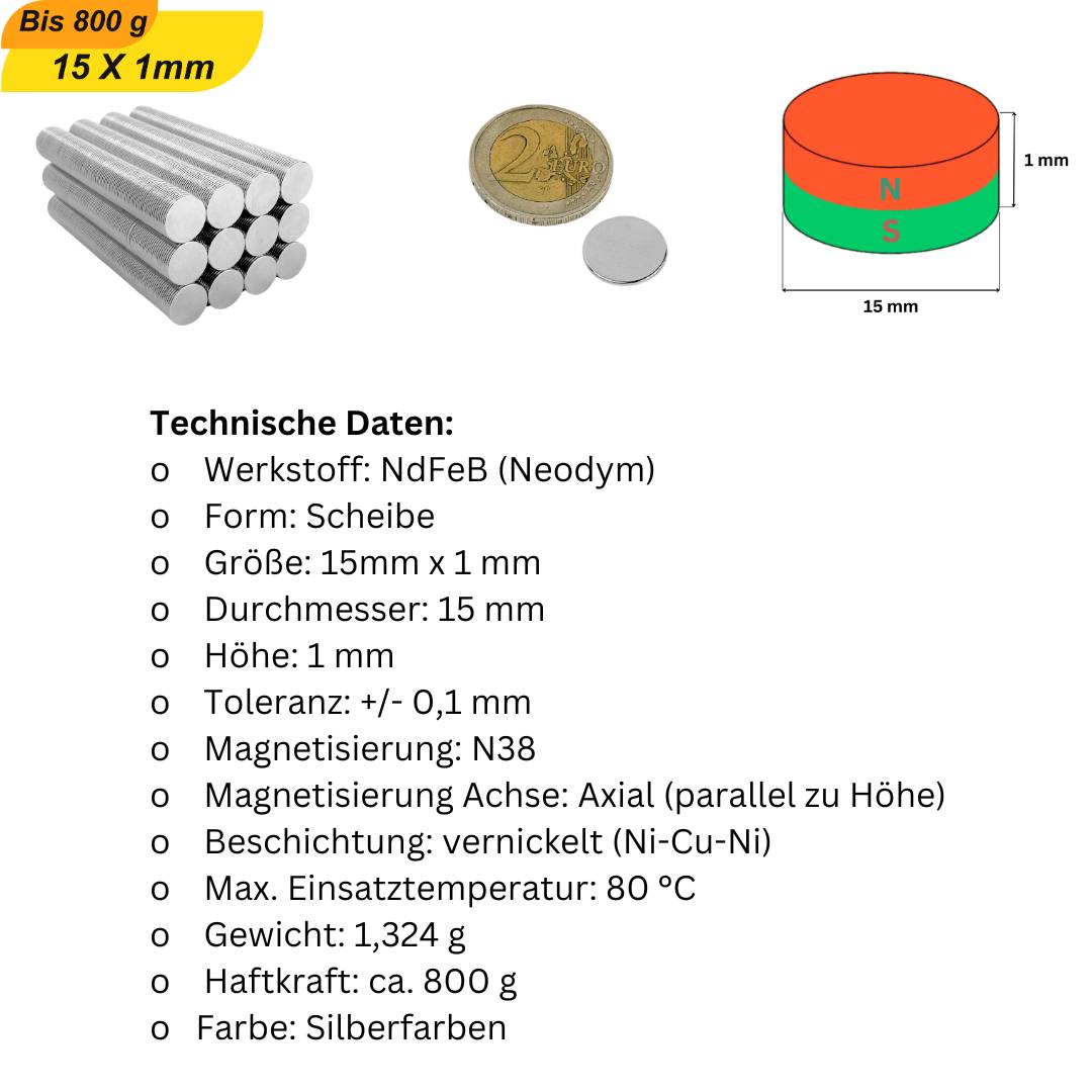 20 Stück Neodym Magnet 15mm x 1mm Supermagnete hohe Haftkraft Scheibenmagnet-5