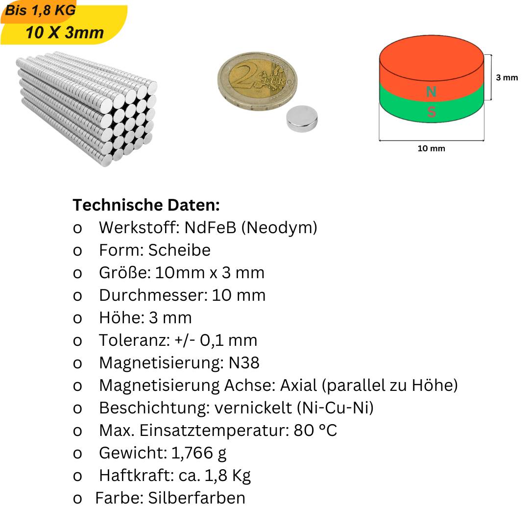 20 Stück Neodym Magnet 10mm x 3mm Supermagnete hohe Haftkraft Scheibenmagnet-5