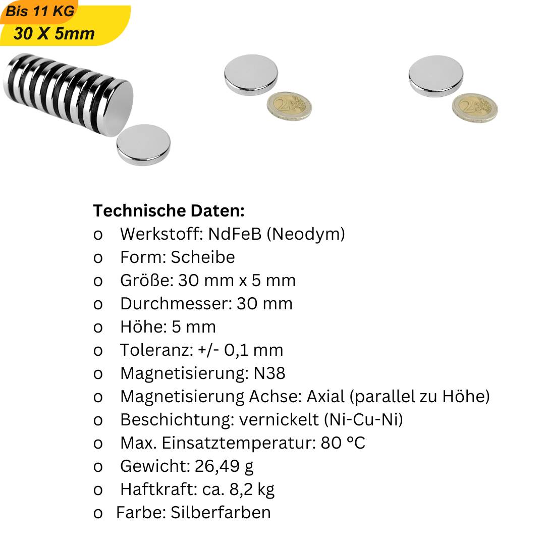 50 Stück Neodym Magnet 30mm x 5mm Supermagnete hohe Haftkraft Scheibenmagnet-5