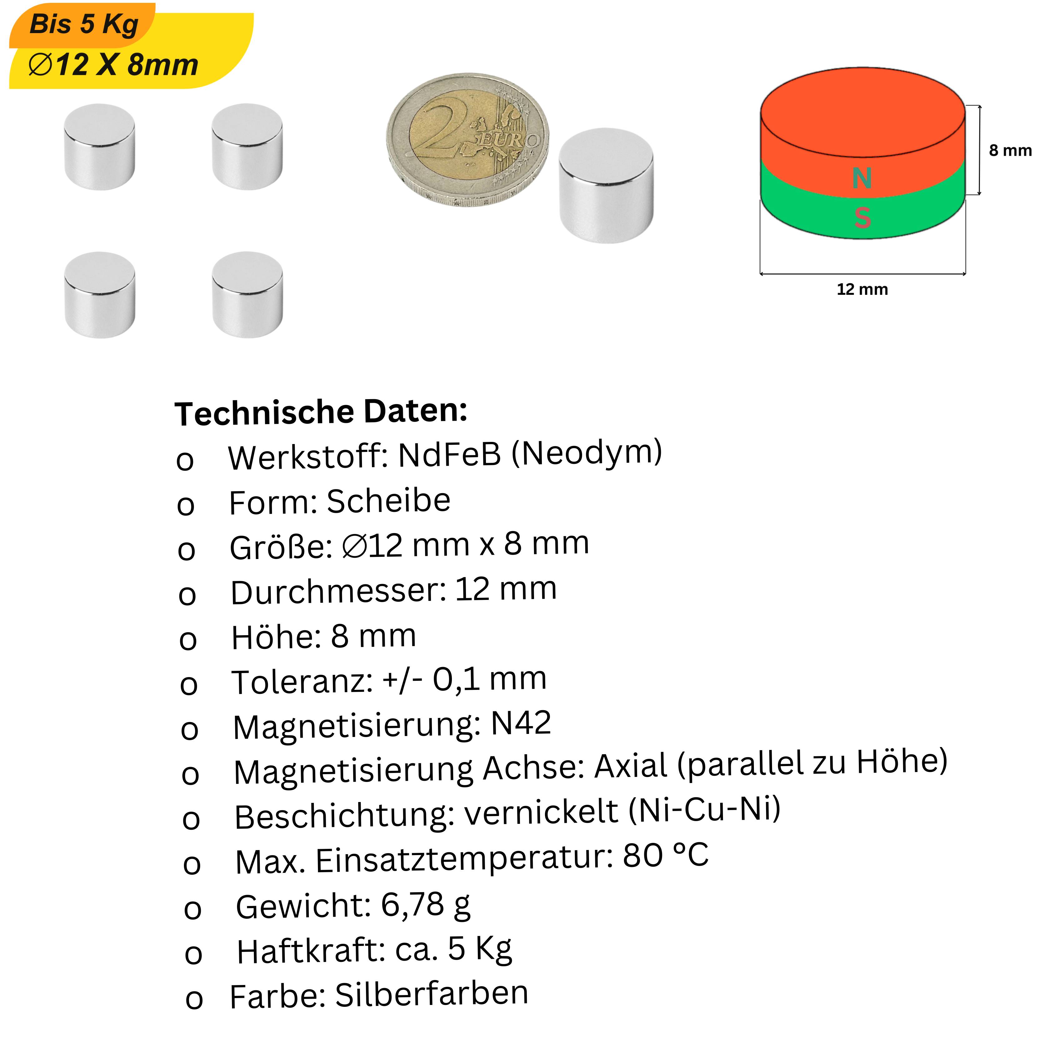 20 Stück Neodym Magnet 12mm x 8mm Supermagnete hohe Haftkraft Scheibenmagnet-5
