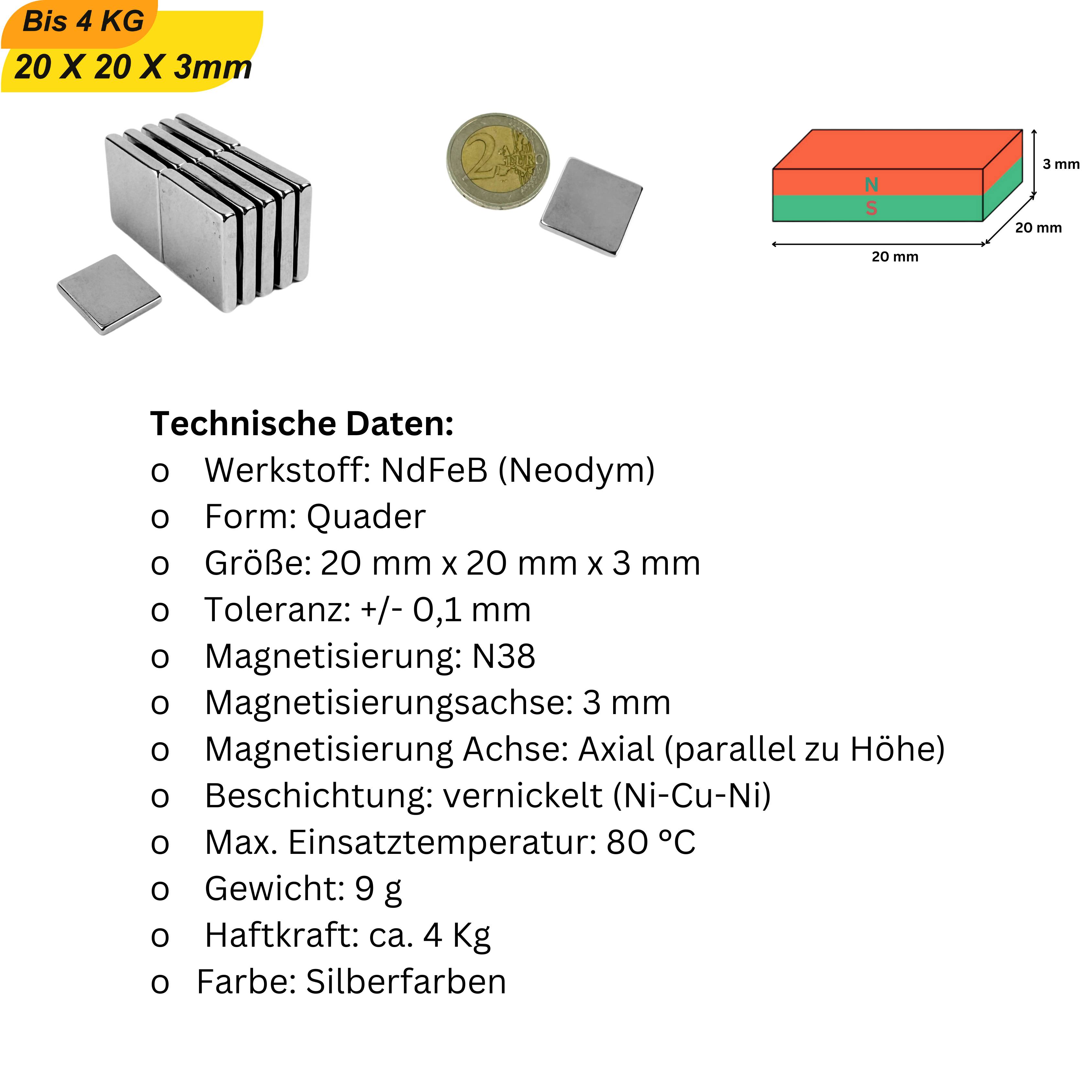 50 Stück Neodym Magnet 20mm x 20mm x 3mm Supermagnete hohe Haftkraft Quadermagnete-5