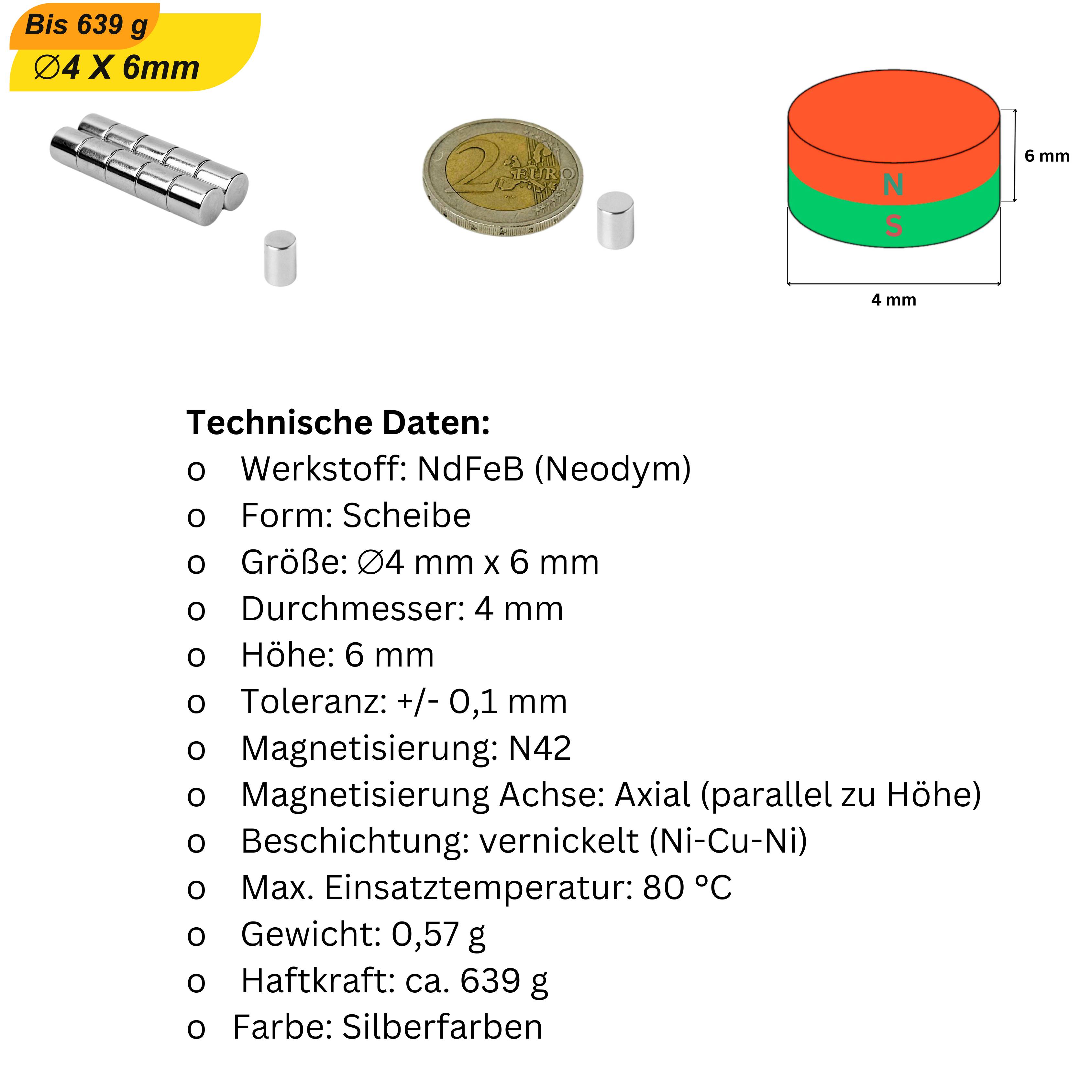 100 Stück Neodym Magnet 4mm x 6mm Supermagnete hohe Haftkraft Scheibenmagnet-5