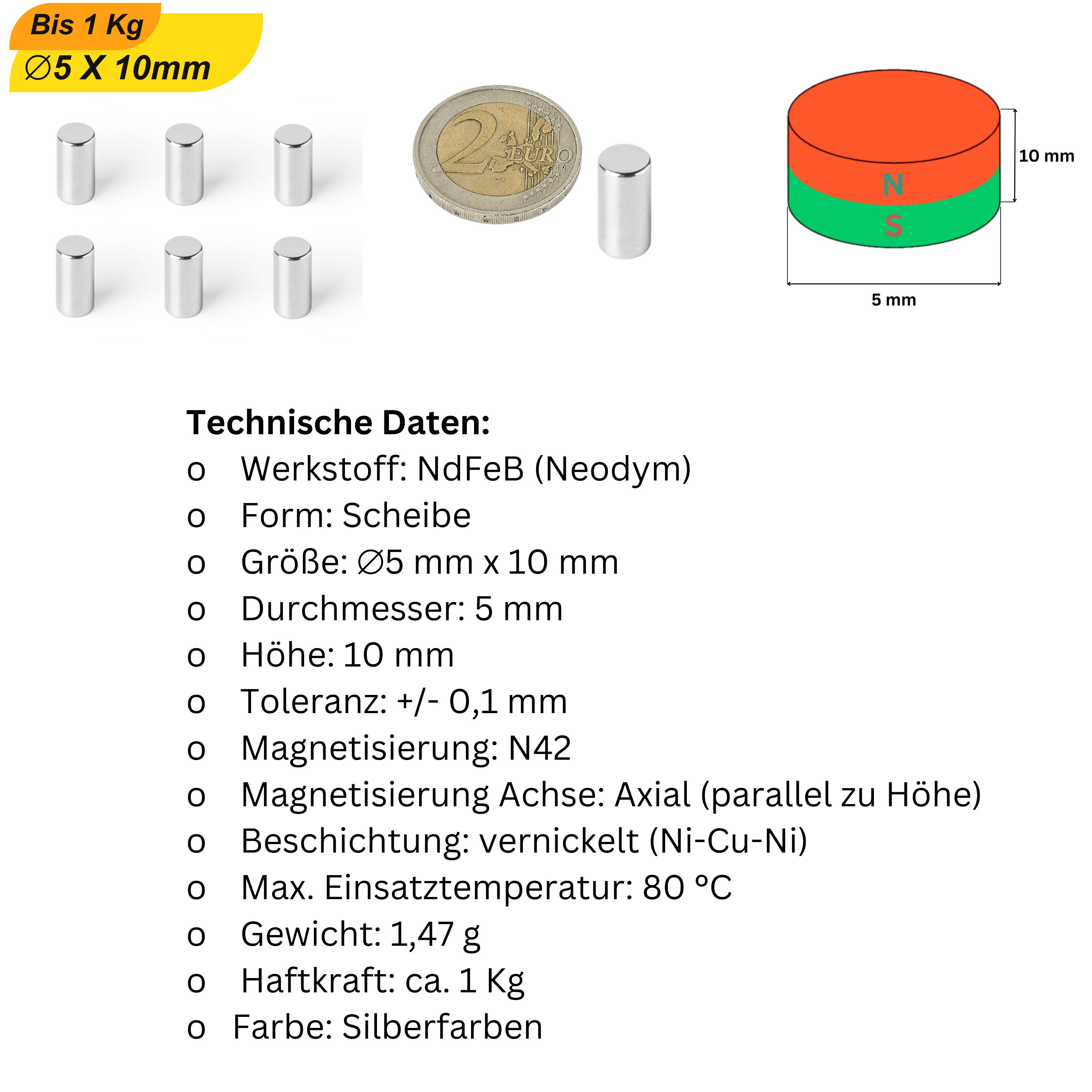 10 Stück Neodym Magnet 5mm x 10mm Supermagnete hohe Haftkraft Scheibenmagnet-5