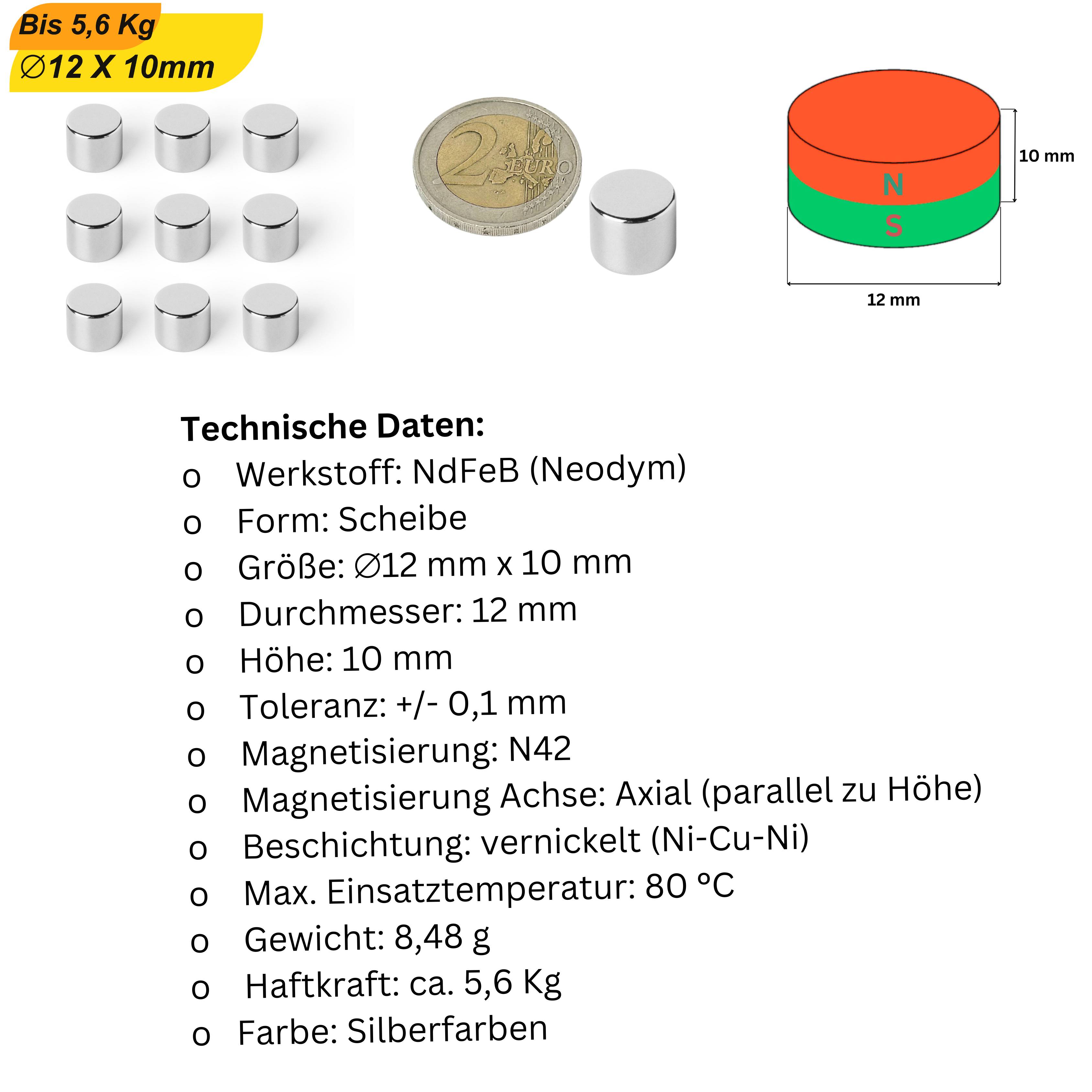 100 Stück Neodym Magnet 12mm x 10mm Supermagnete hohe Haftkraft Scheibenmagnet-5