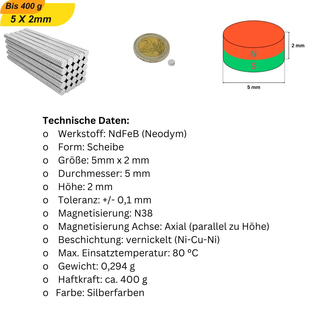 500 Stück Neodym Magnet 5mm x 2mm Supermagnete hohe Haftkraft Scheibenmagnet-5