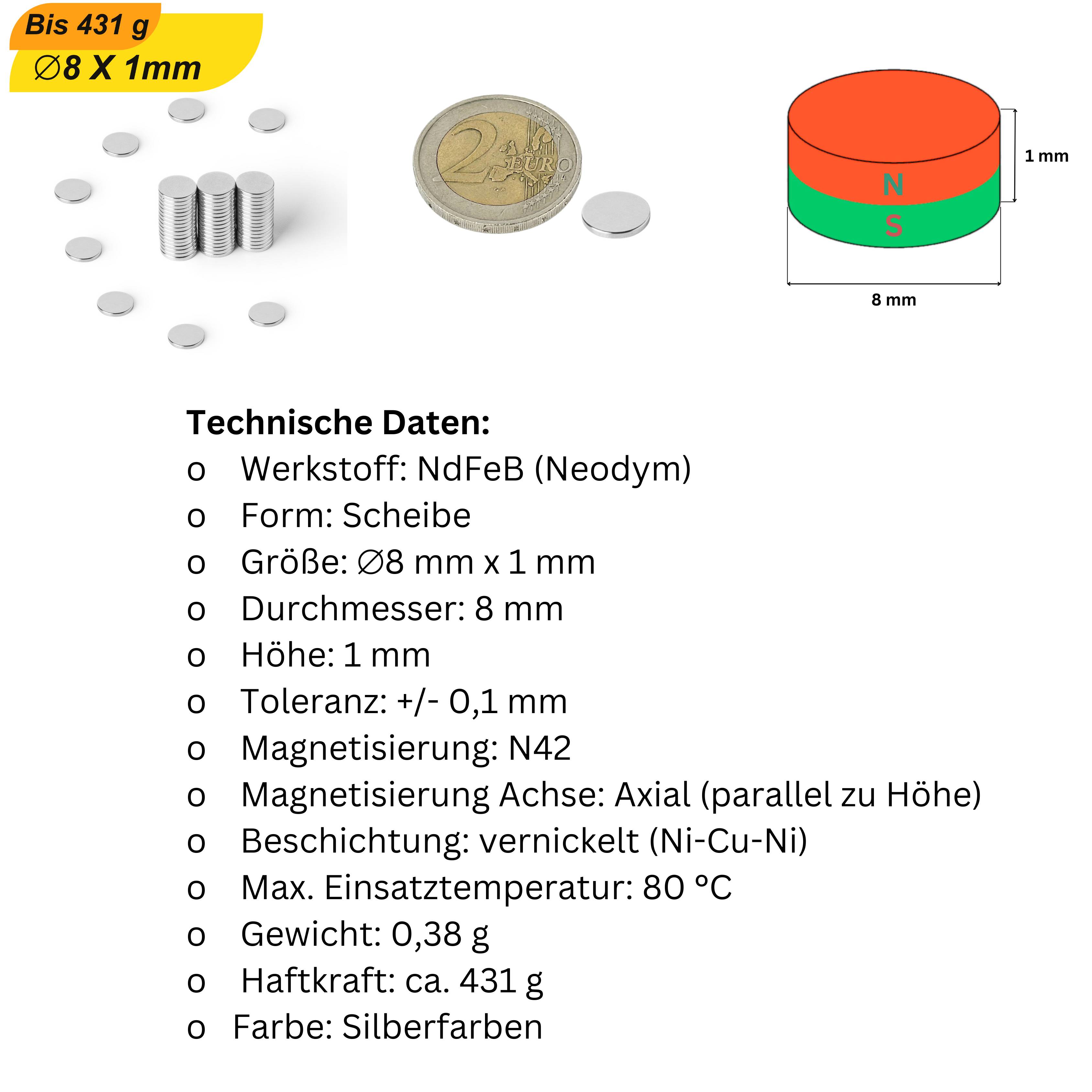 10 Stück Neodym Magnet 8mm x 1mm Supermagnete hohe Haftkraft Scheibenmagnet-5