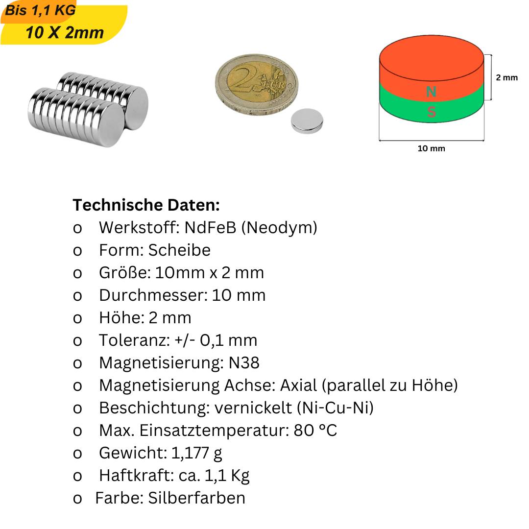 200 Stück Neodym Magnet 10mm x 2mm Supermagnete hohe Haftkraft Scheibenmagnet-5