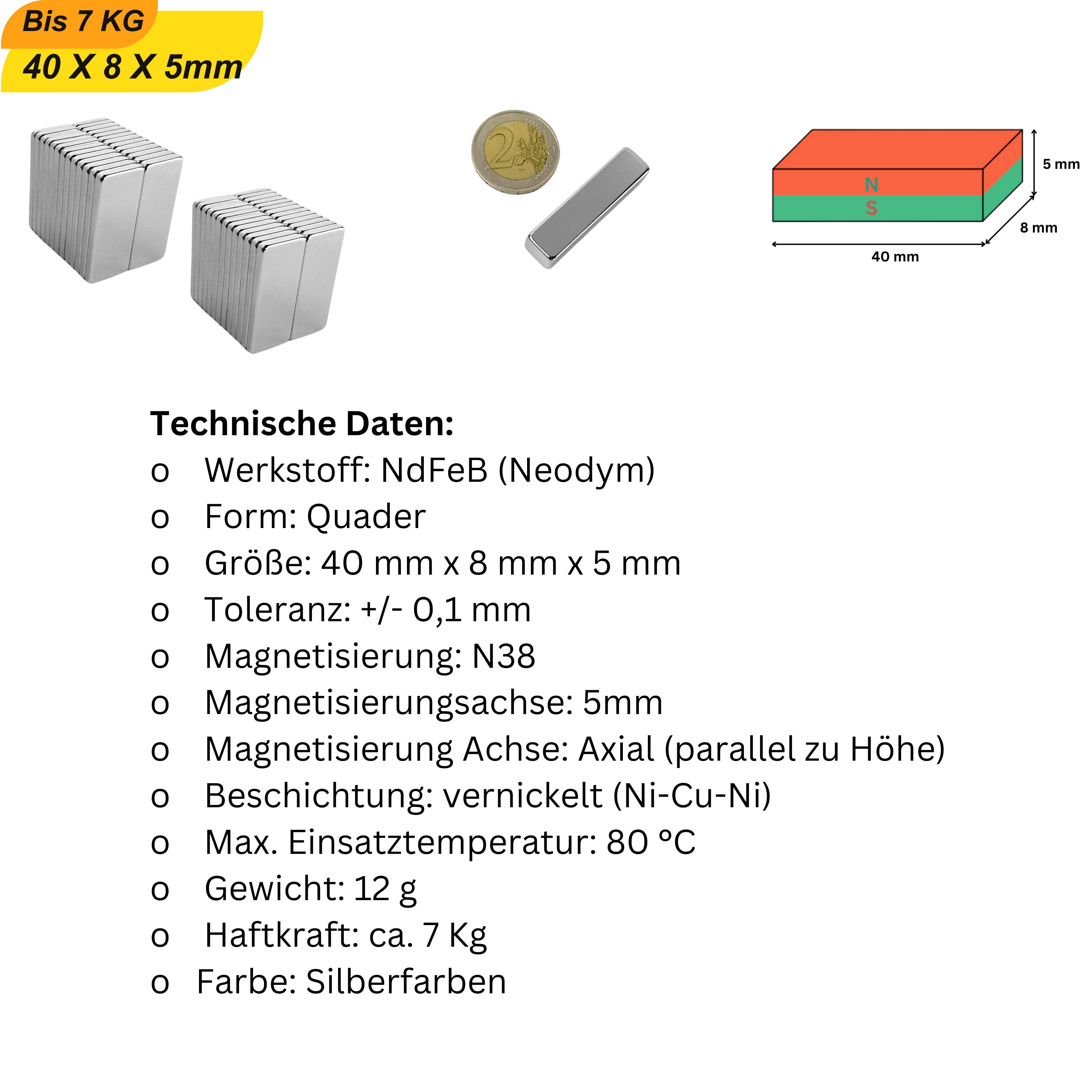 10 Stück Neodym Magnet 40mm x 8mm x 5mm Supermagnete hohe Haftkraft Quadermagnete-5