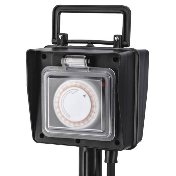 hama 00223305 Außensteckdose 2-fach, mit Zeitschaltuhr und Erdspieß, wetterfest IP44