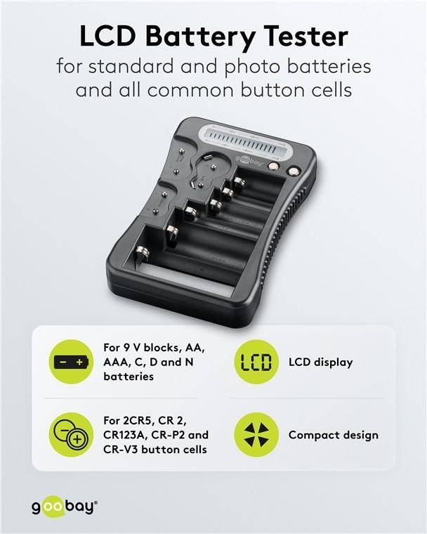 Goobay LCD-Batterietester: Universelle Prüfung für Standard-, Foto- und alle gängigen Knopfzellen-1