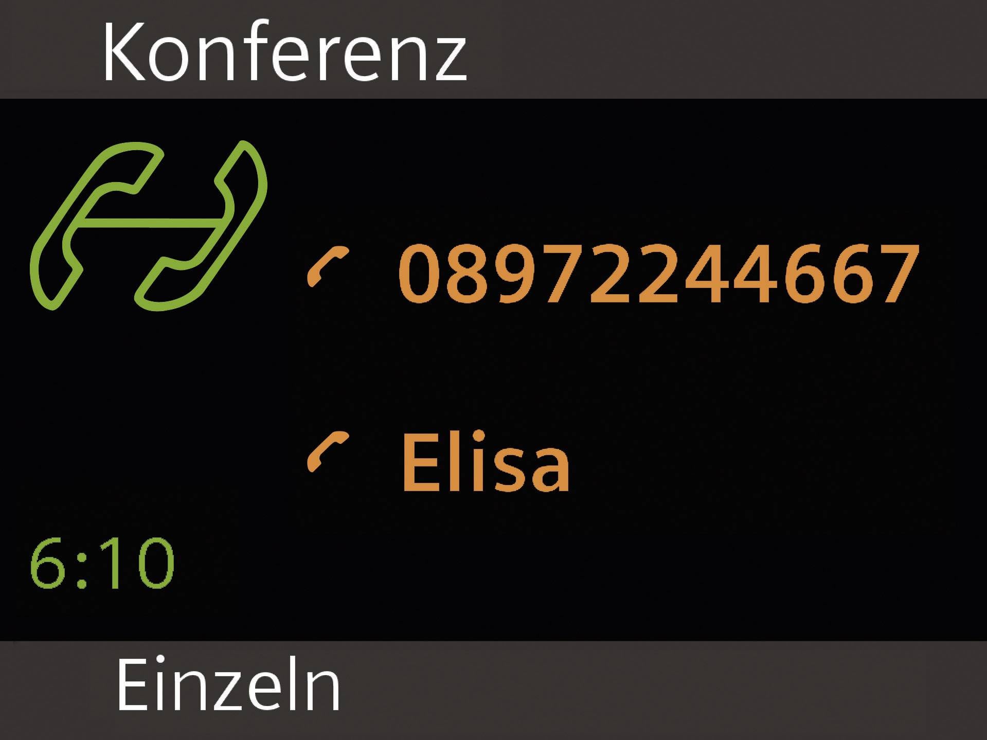 Konferenzanruf-Bildschirm mit einer Nummer '08972244667' und dem Namen 'Elisa'. Unten steht die Uhrzeit 6:10 und der Text 'Einzeln'.