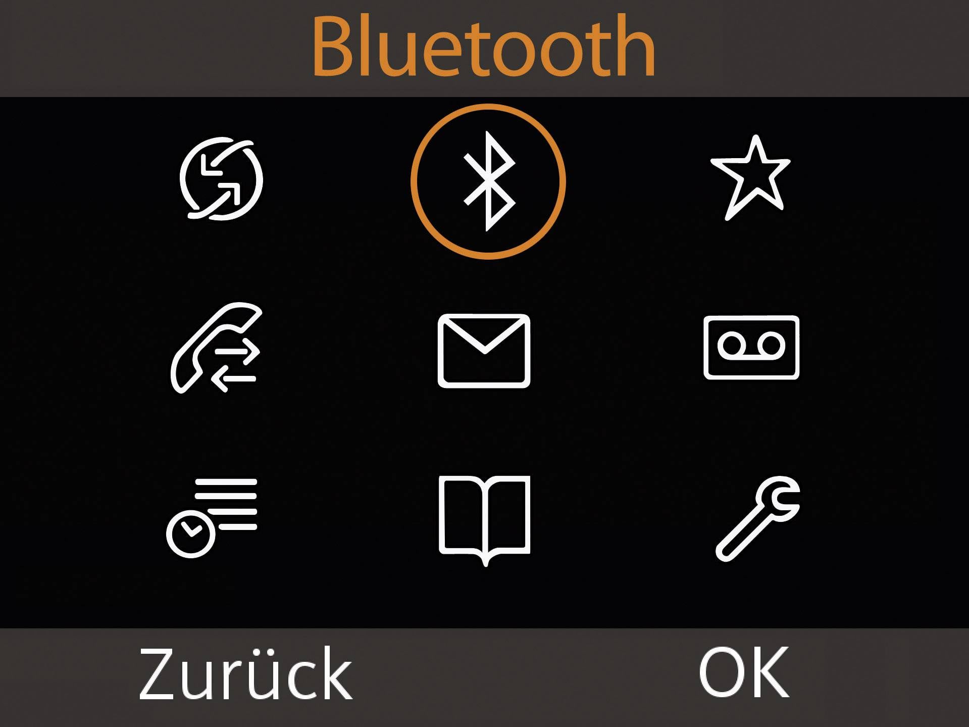 Hauptbildschirm eines Menüs mit Symbolen für Bluetooth, Favoriten, Anrufliste, Nachrichten, Voicemail, Einstellungen und mehr. Optionen 'Zurück' und 'OK'.