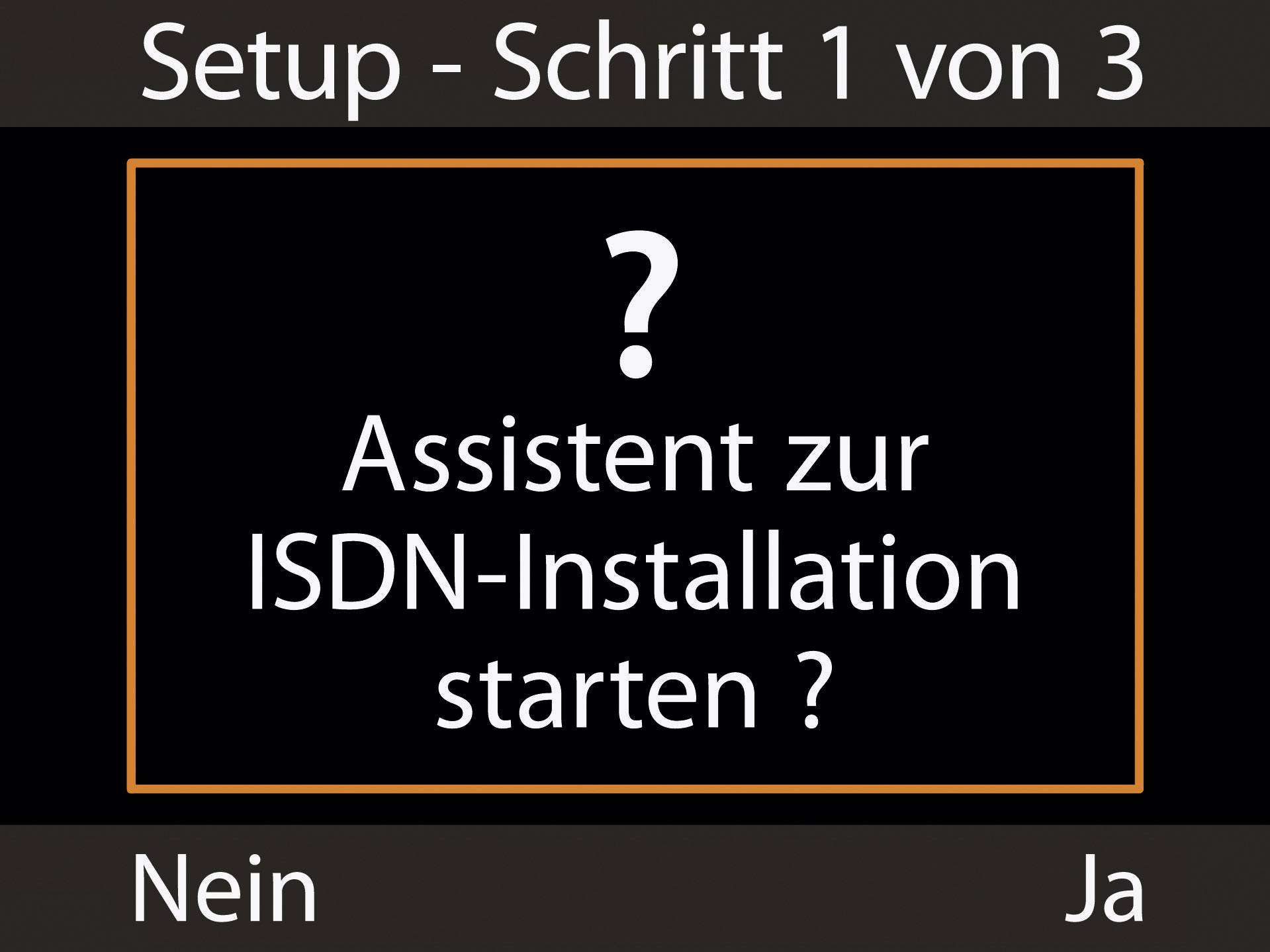 'Setup - Schritt 1 von 3: Assistent zur ISDN-Installation starten? Nein Ja.' Options to start ISDN installation process.