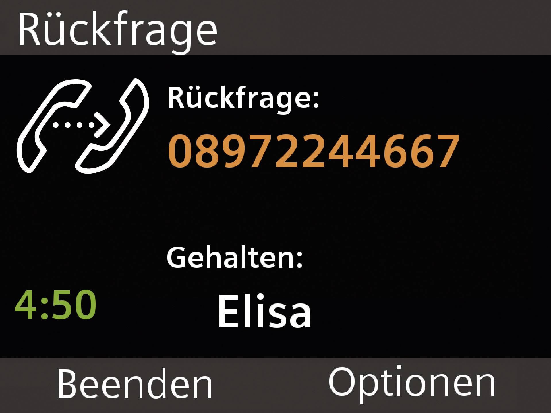 Ein Rückrufbildschirm zeigt die Nummer '08972244667', gehalten von 'Elisa', mit einer Dauer von 4 Minuten und 50 Sekunden. Optionen: Beenden.