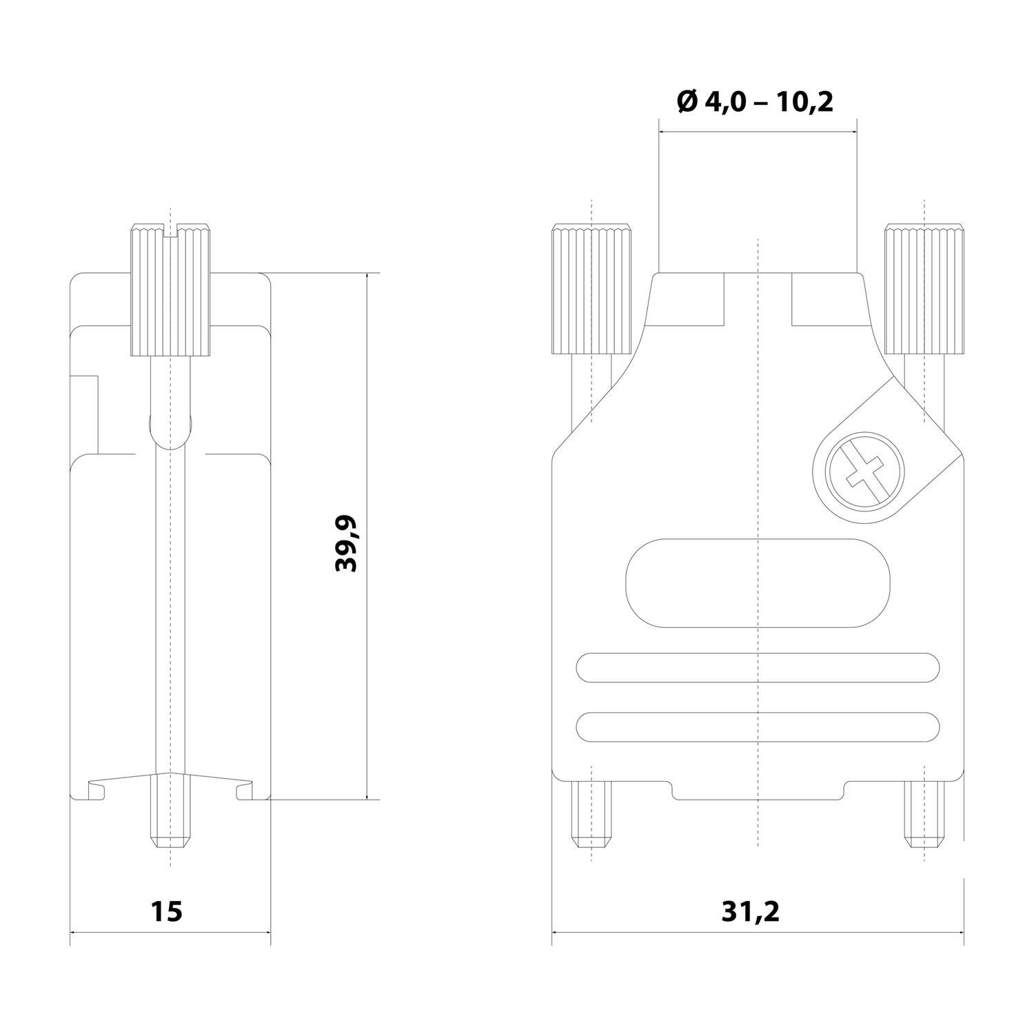 D-Sub Metallgehäuse passend für D-Sub Einsatz 9-polig, 15-polig (HD) gerade, Klemmbereich 4,0mm - 11,7mm - 1 Stück-2