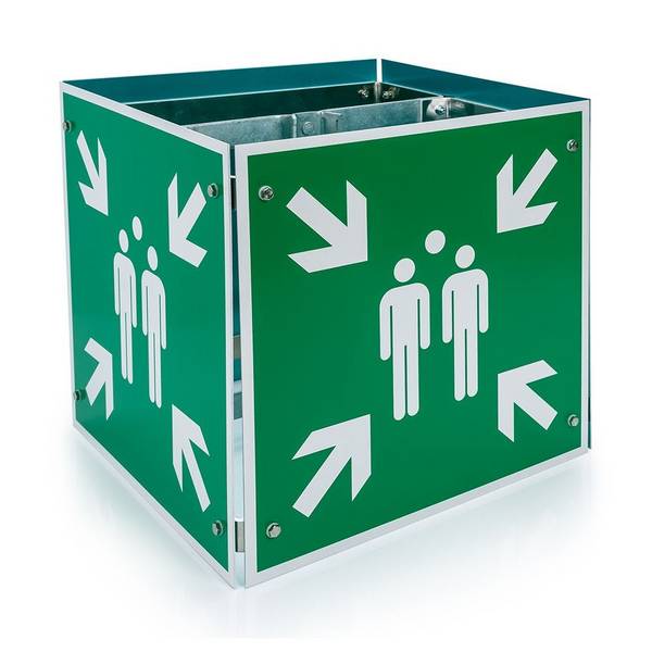 Sammelstelle-Schild, Würfel, ISO 7010, 4-seitig Aluminium, 400 x 400 x 400 mm, mit Bandschelle