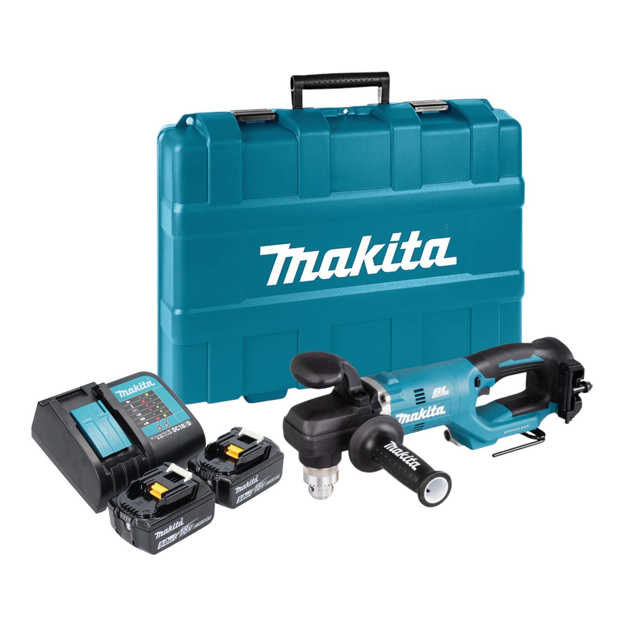 Makita DDA 450 STK Akku Winkelbohrmaschine 18 V 70 Nm Brushless + 2x Akku 5,0 Ah + Ladegerät + Koffer-0