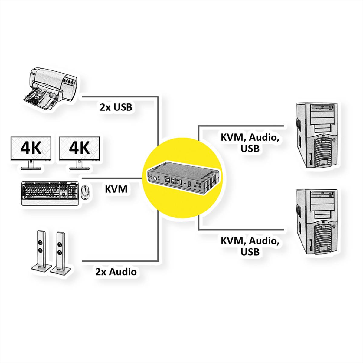 ROLINE KVM-Audio-Switch Dual Head HDMI 4K60, 1 User - 2 PC-1