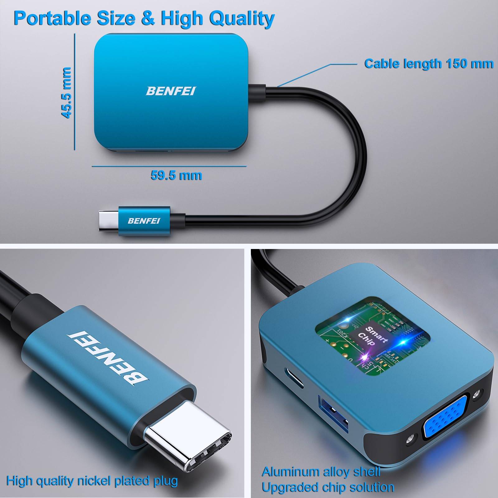 BENFEI USB C HUB 4in1,USB C Multiport-Adapter mit 4K HDMI/ 1080P VGA/ 5Gbps USB 3.0 Data Port/Typ C 60W Power Delivery-3