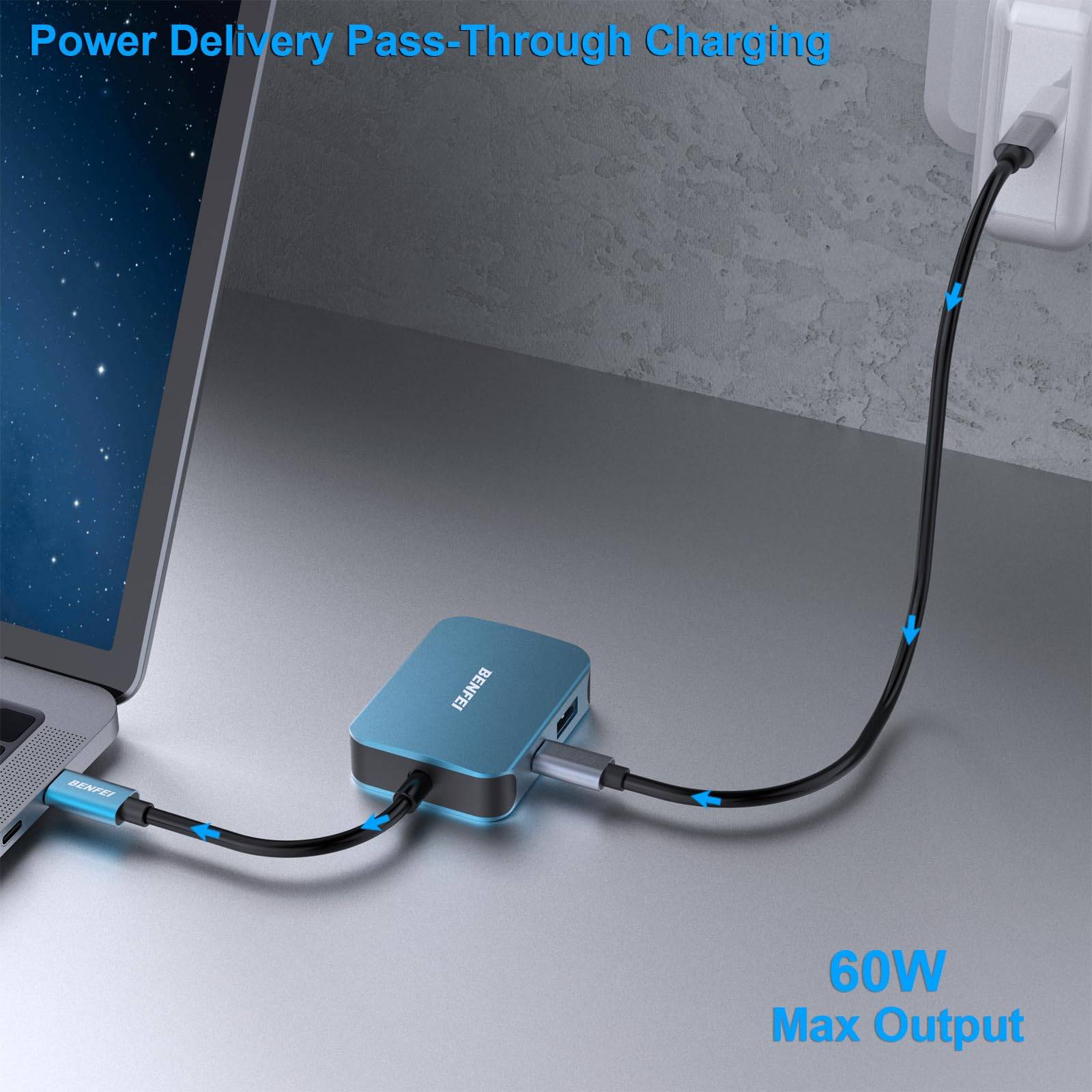 BENFEI USB C HUB 4in1,USB C Multiport-Adapter mit 4K HDMI/ 1080P VGA/ 5Gbps USB 3.0 Data Port/Typ C 60W Power Delivery-5
