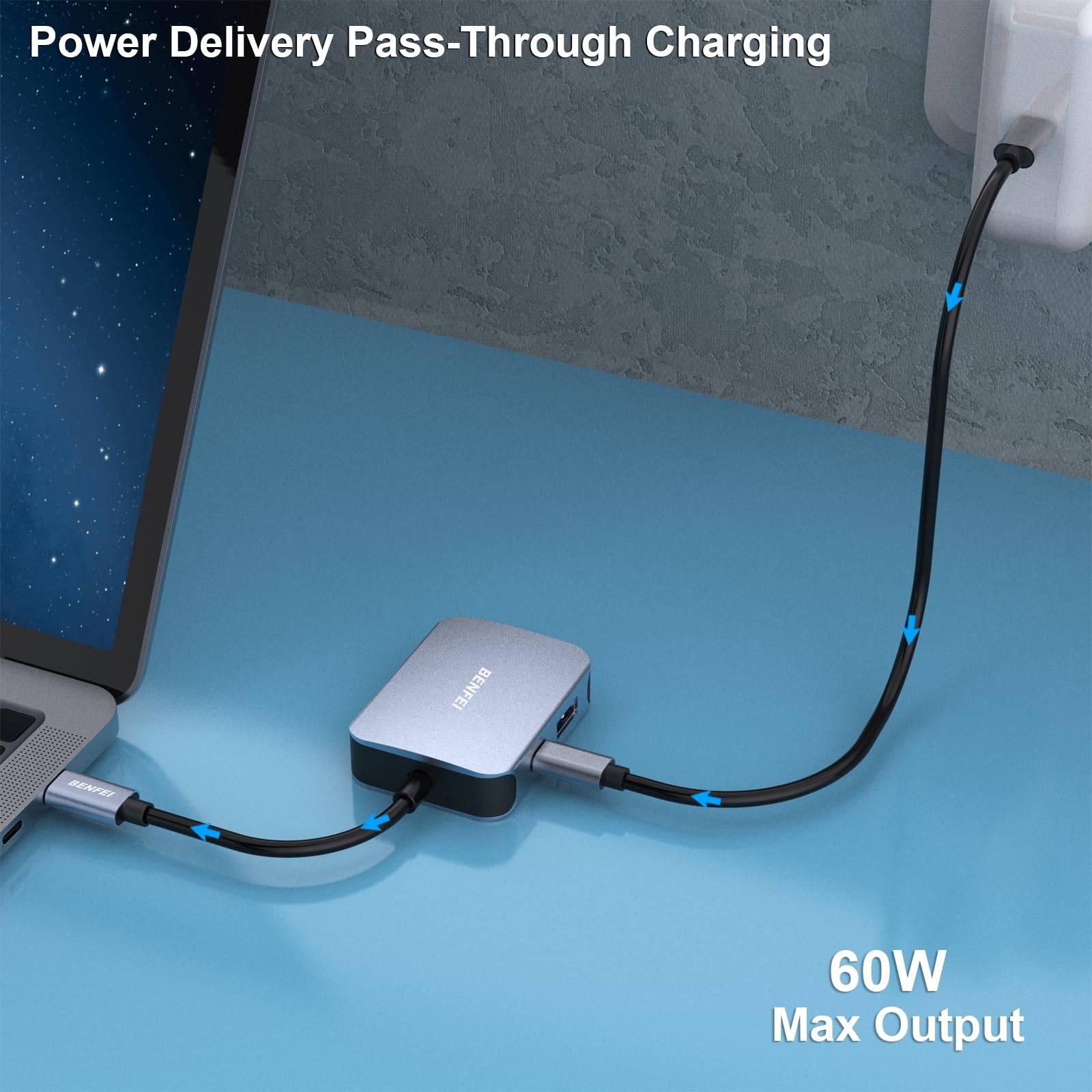 BENFEI USB C HUB 4in1,USB C Multiport-Adapter mit 4K HDMI/ 1080P VGA/ 5Gbps USB 3.0 Data Port/Typ C 60W Power Delivery-5