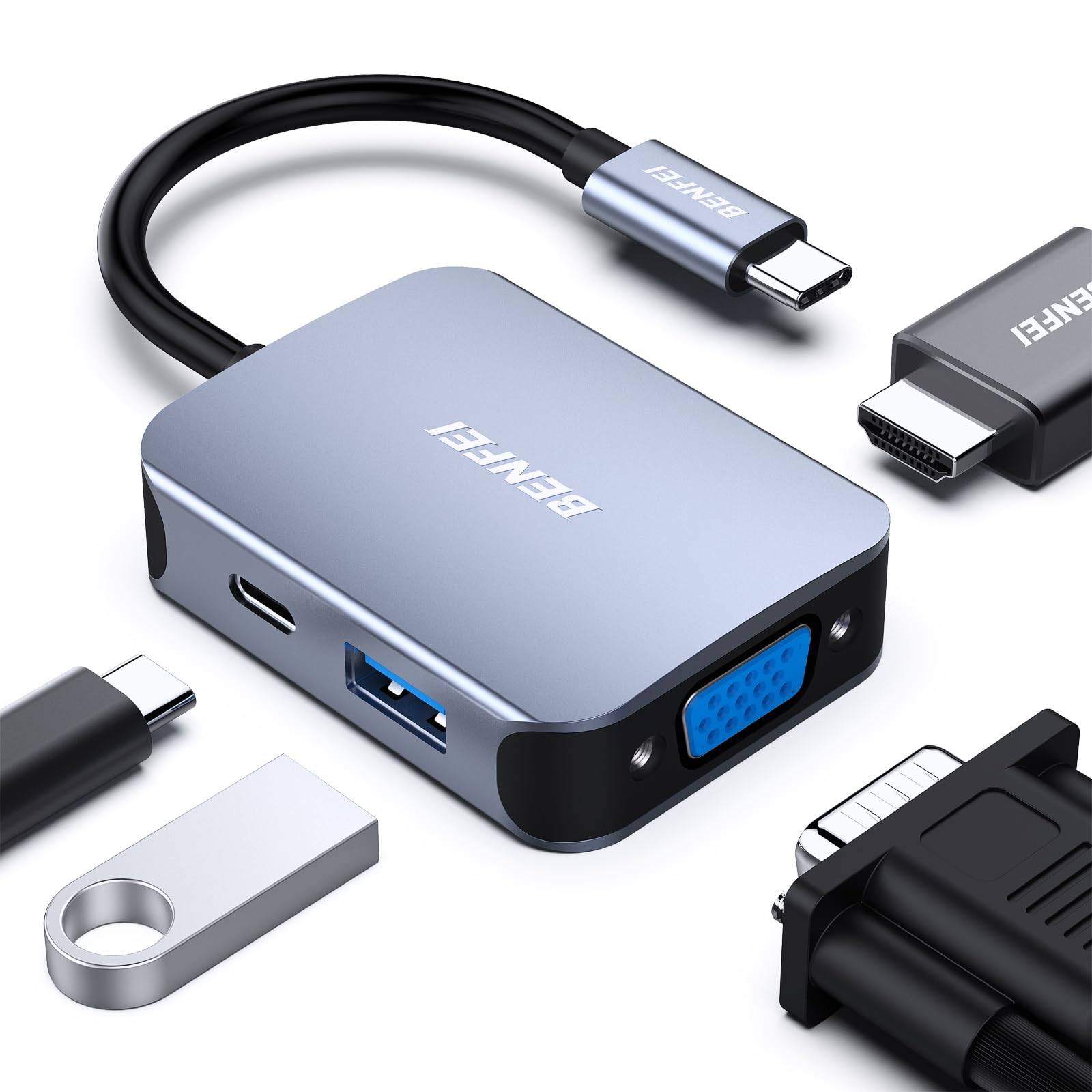BENFEI USB C HUB 4in1,USB C Multiport-Adapter mit 4K HDMI/ 1080P VGA/ 5Gbps USB 3.0 Data Port/Typ C 60W Power Delivery-0