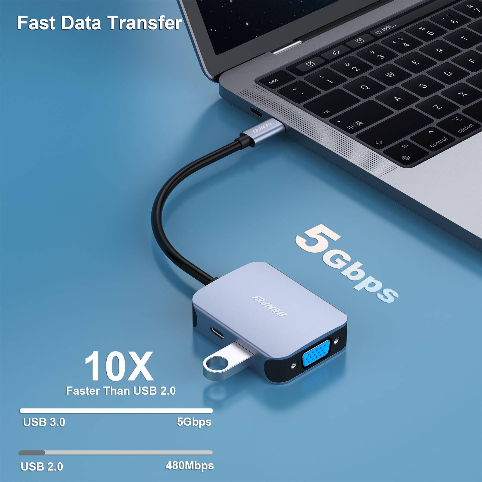 BENFEI USB C HUB 4in1,USB C Multiport-Adapter mit 4K HDMI/ 1080P VGA/ 5Gbps USB 3.0 Data Port/Typ C 60W Power Delivery-2
