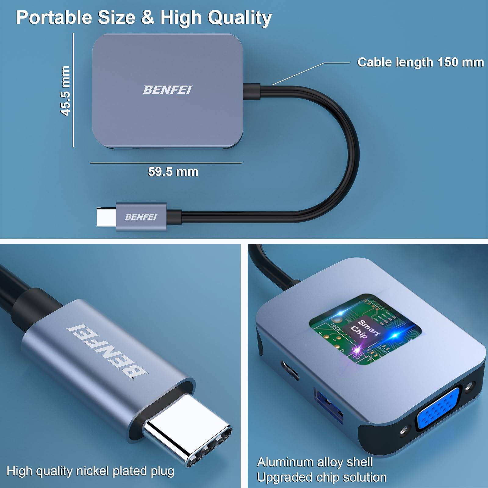 BENFEI USB C HUB 4in1,USB C Multiport-Adapter mit 4K HDMI/ 1080P VGA/ 5Gbps USB 3.0 Data Port/Typ C 60W Power Delivery-4