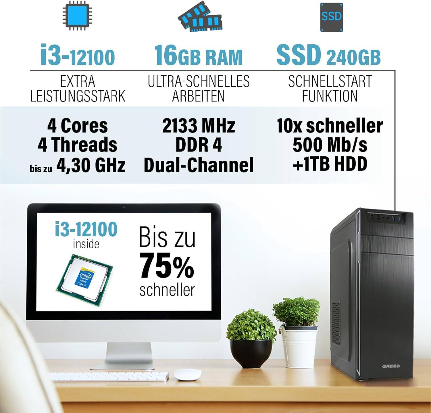 Greed - Desktop PC - Multi | Intel Core i3 12100 | Computer für Büro | 16GB RAM | 240GB SSD | 1TB HDD | WLAN | W11 Pro-1