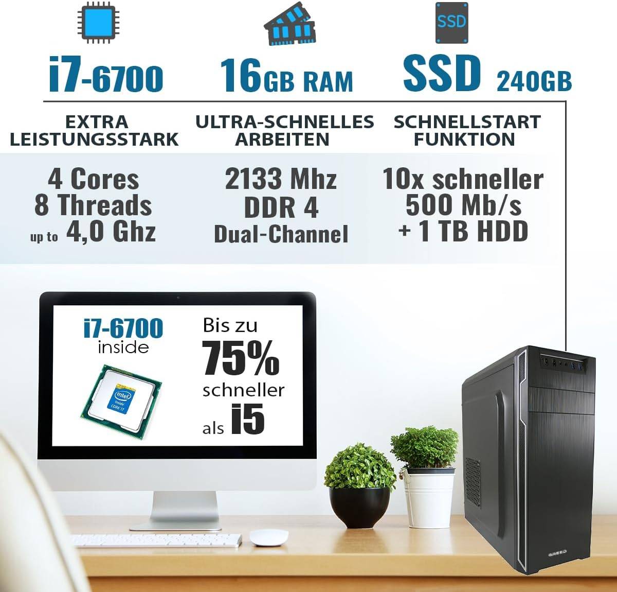 Greed - Desktop PC - Multi 7 | Intel Core i7 6700 | Computer für Büro | 16GB RAM | 240GB SSD | 1TB HDD | WLAN | W11 Pro-2
