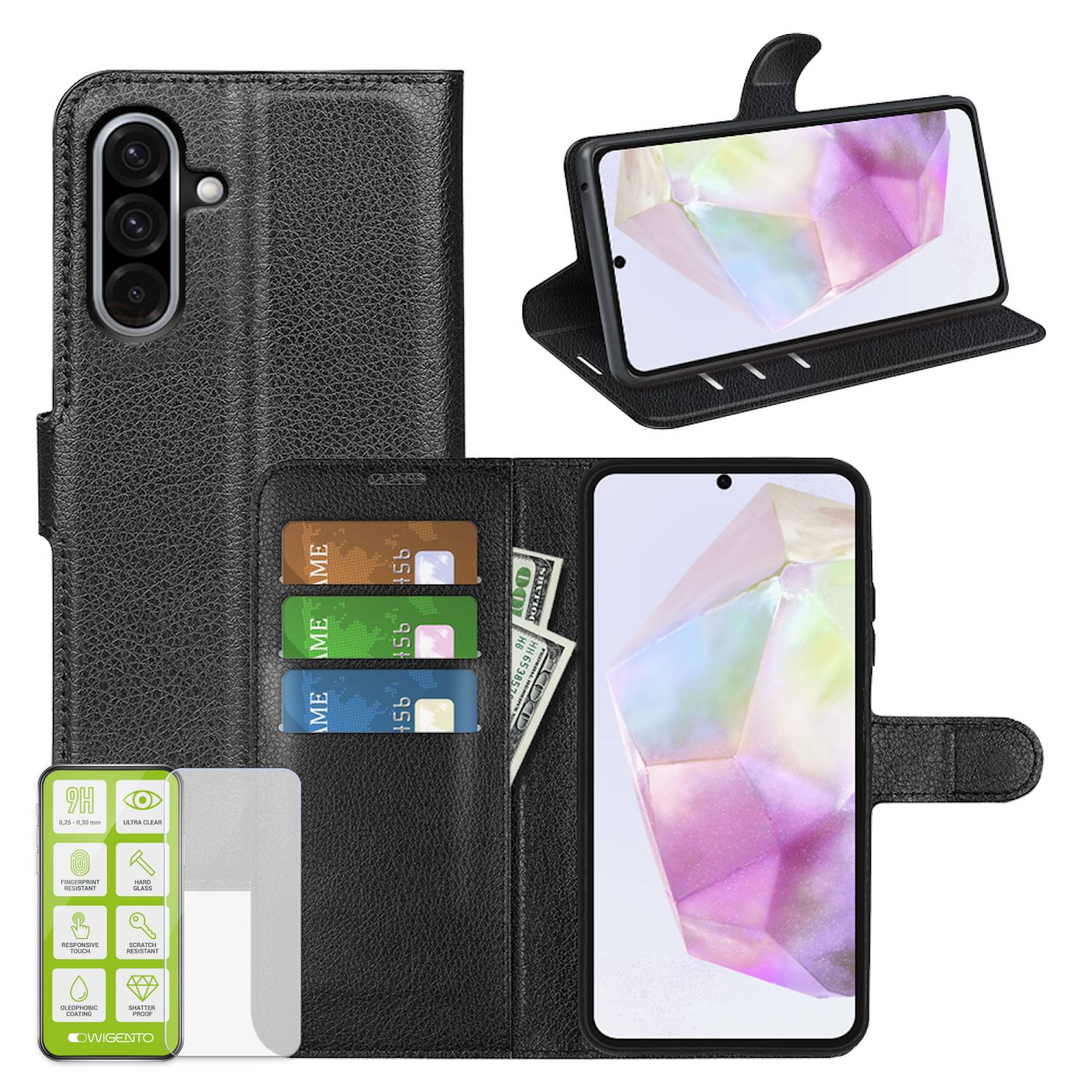 Für Samsung Galaxy A56 / A36 Kunstleder Book Wallet Tasche Schwarz + Hart Glas-0