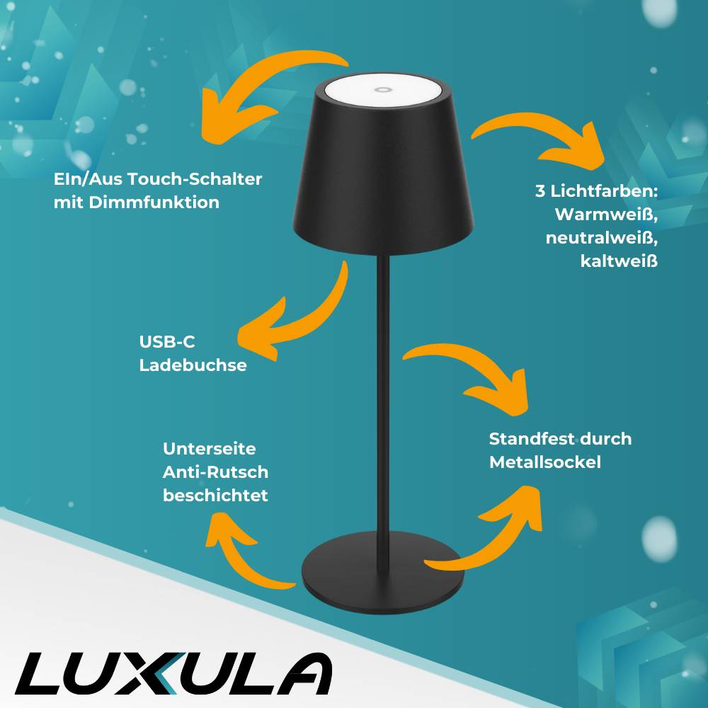 LUXULA LED Akku Tischlampe dimmbar mit CCT Funktion wiederaufladbare Tischleuchte in schwarz-1