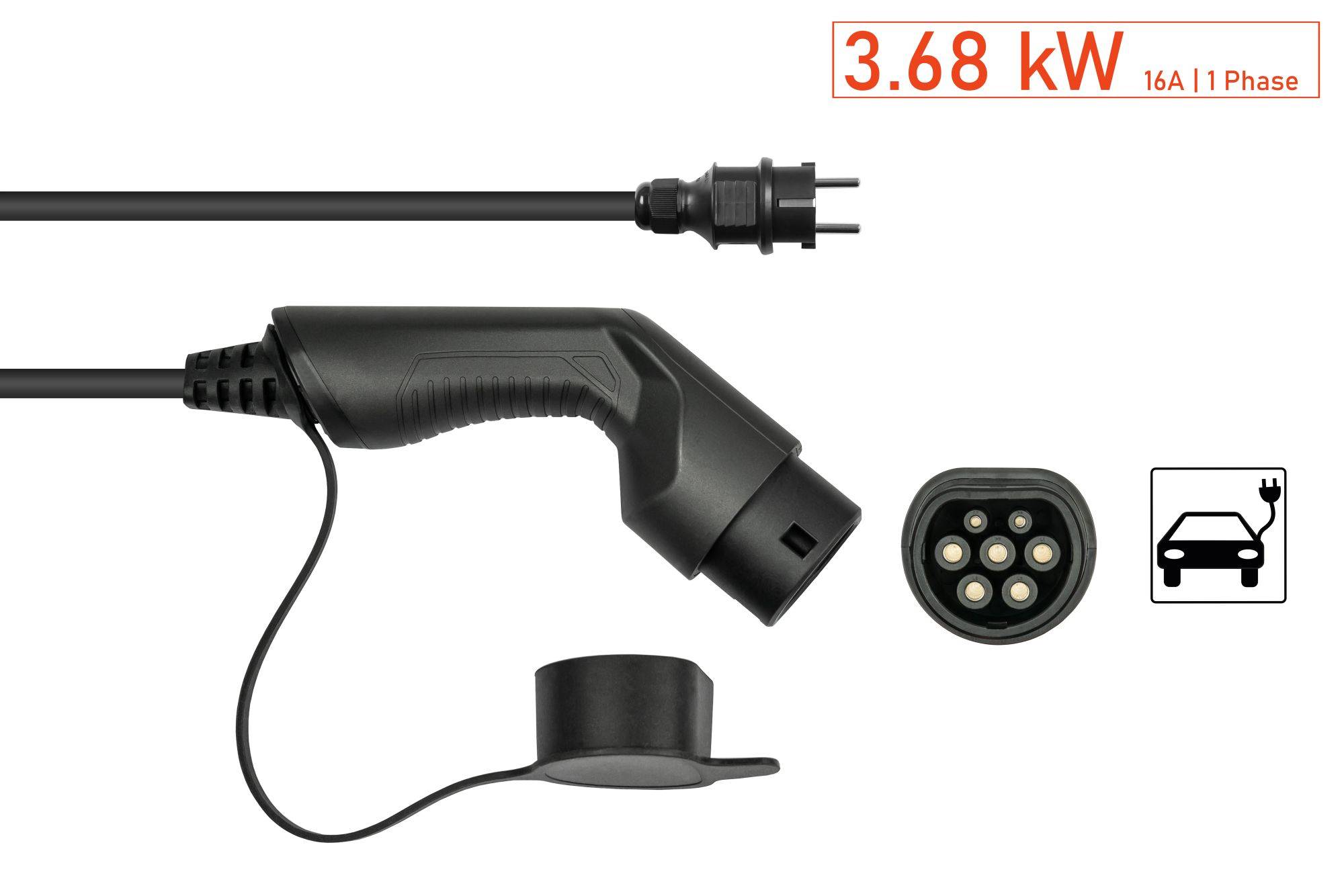 kabelmeister® Typ 2 Ladegerät mit geradem Schutzkontakt-Stecker, für Elektro- u. Hybridfahrzeuge, 3,6kW, schwarz, 5m-1