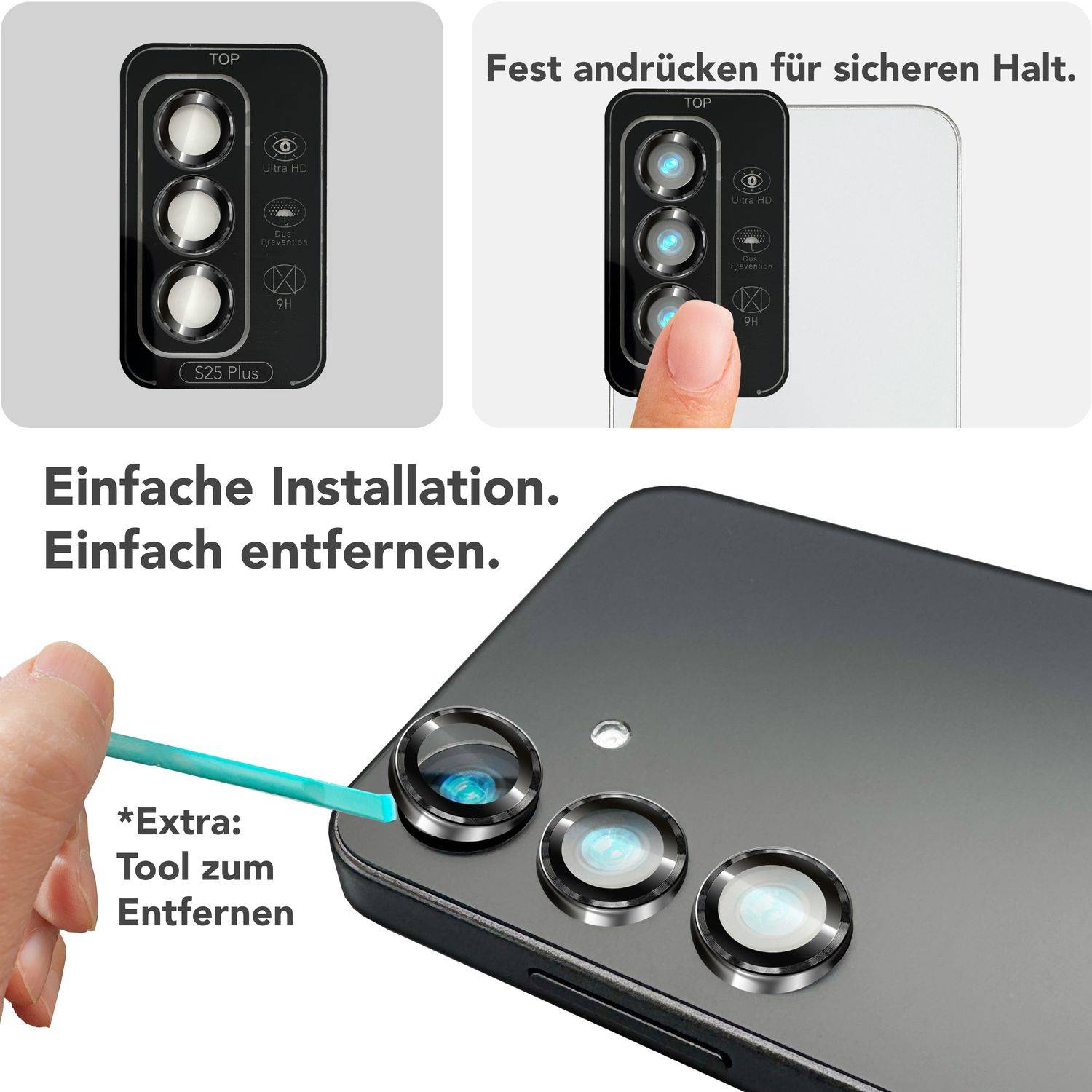 NALIA Kameraschutz „Focus.Pro CLX“ für Samsung Galaxy S25 Plus – Linsen Glas Ringe, 3 Stück-4